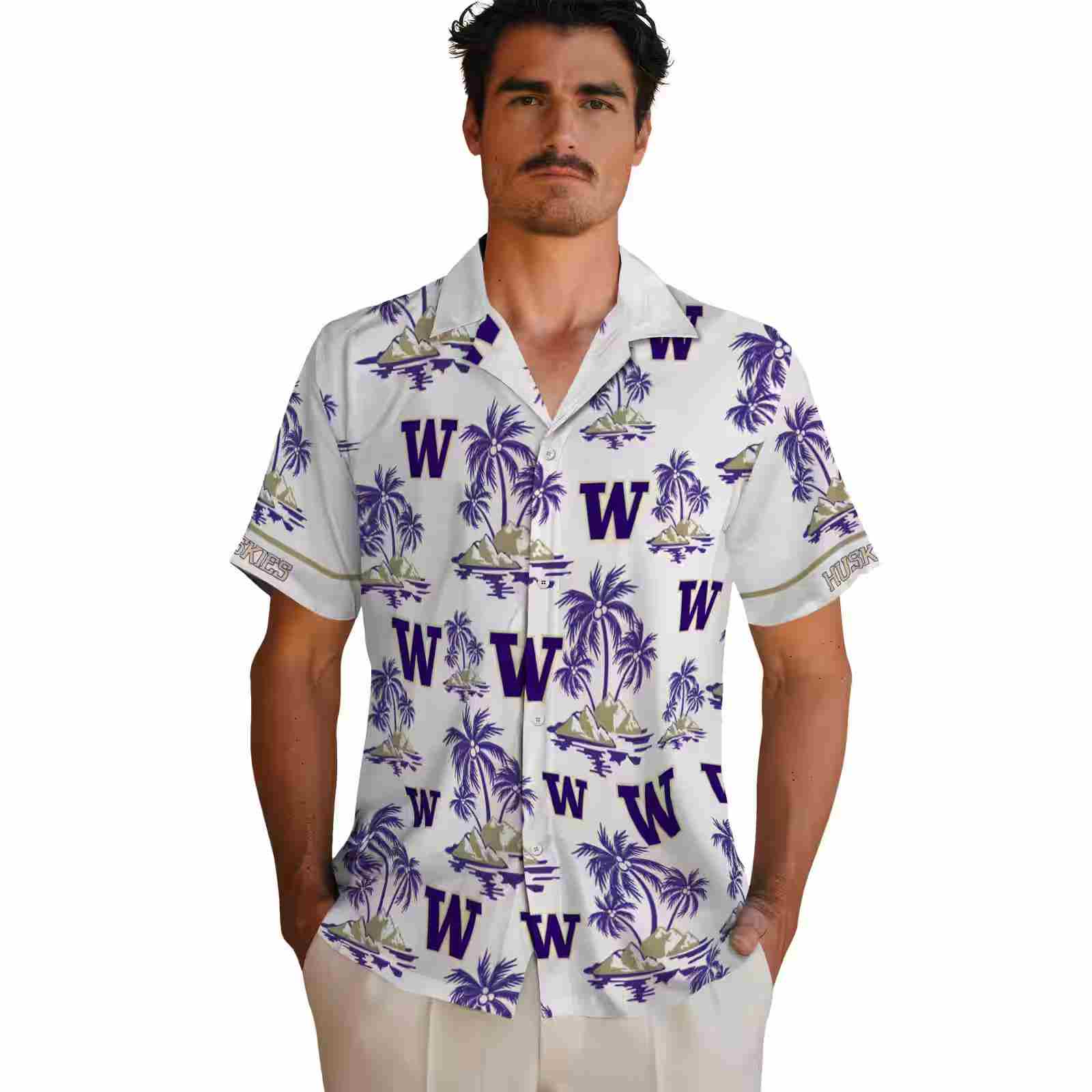 washington huskies palm island print purple white hawaiian shirt fashion forward