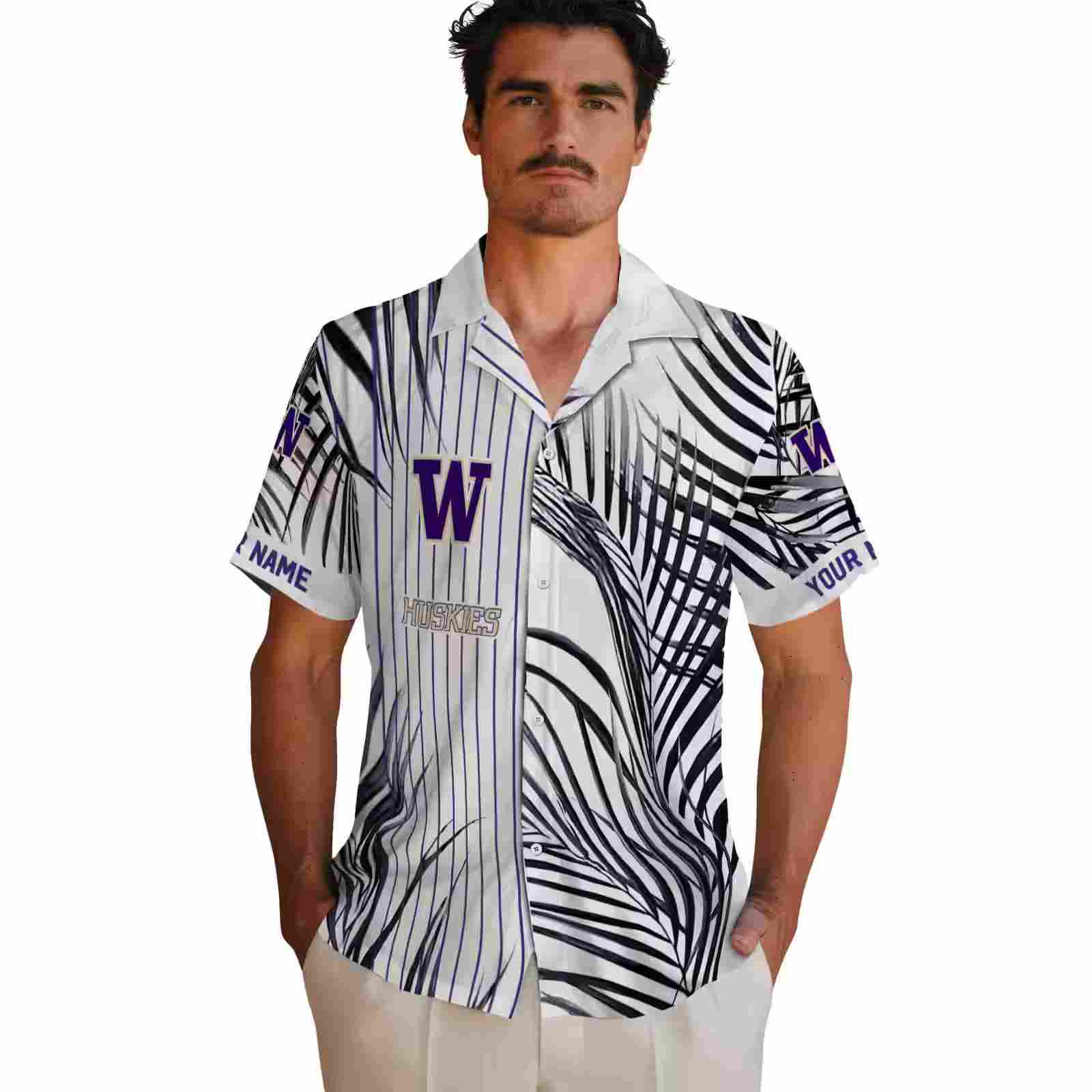 washington huskies palm stripes purple black white hawaiian shirt fashion forward