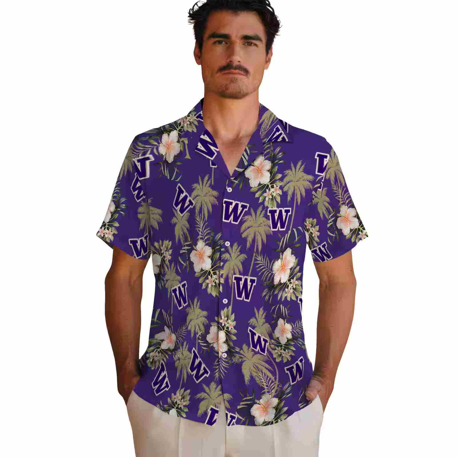 washington huskies palm tree flower purple hawaiian shirt fashion forward