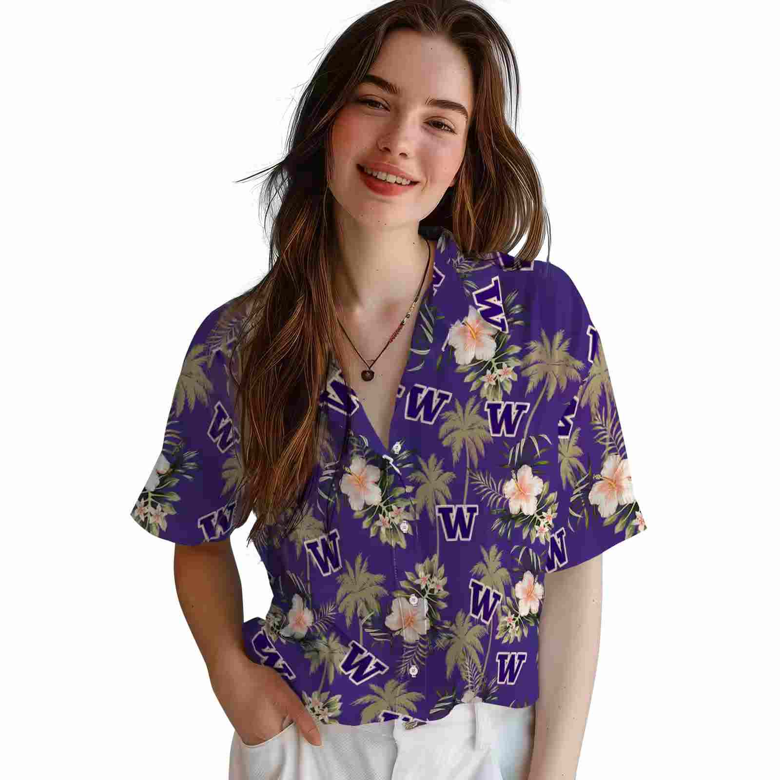 washington huskies palm tree flower purple hawaiian shirt latest model