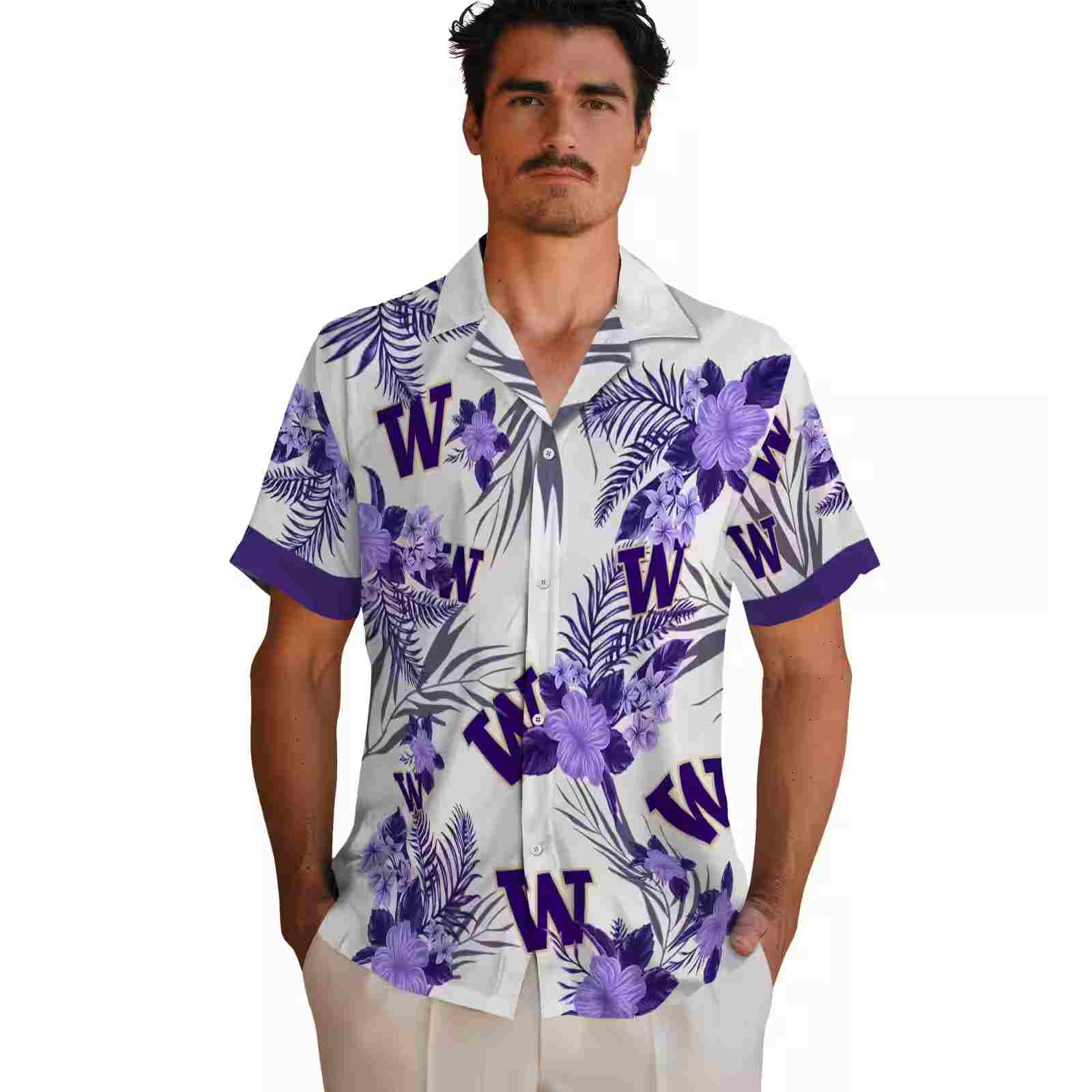 washington huskies patriotic hibiscus design purple white hawaiian shirt fashion forward