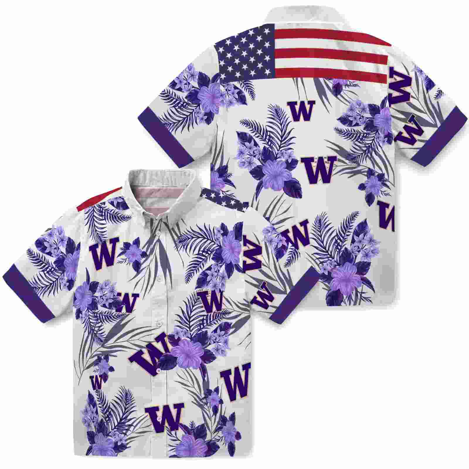 washington huskies patriotic hibiscus design purple white hawaiian shirt high quality