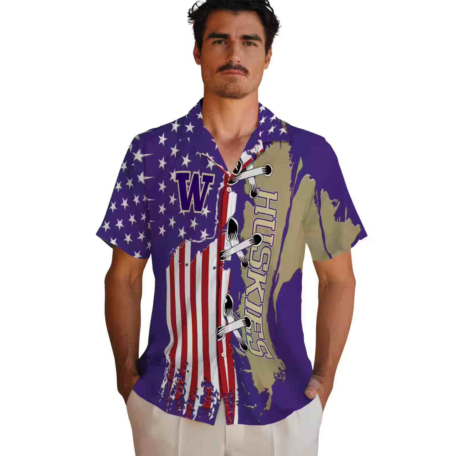 washington huskies stitched flag purple hawaiian shirt fashion forward