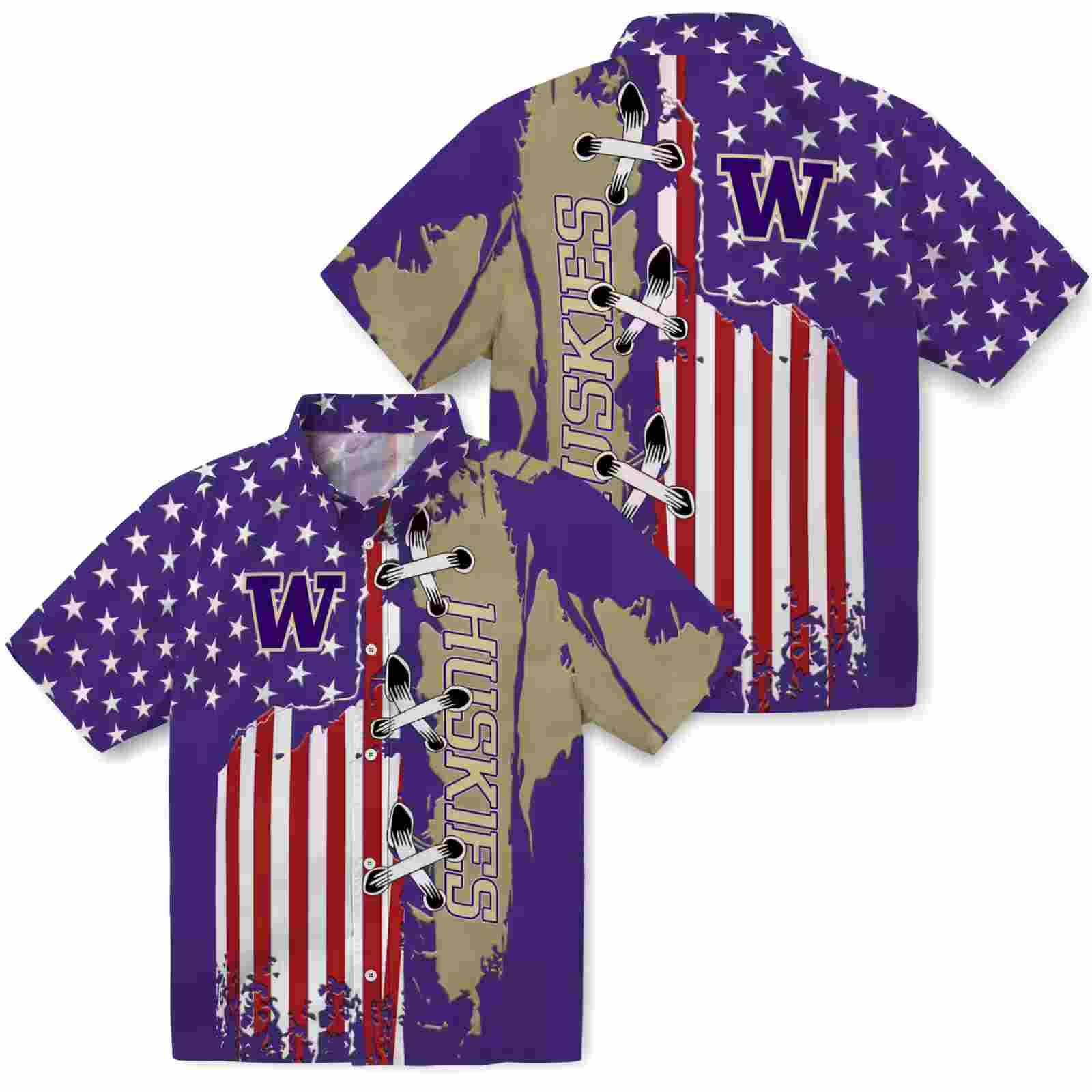 washington huskies stitched flag purple hawaiian shirt high quality