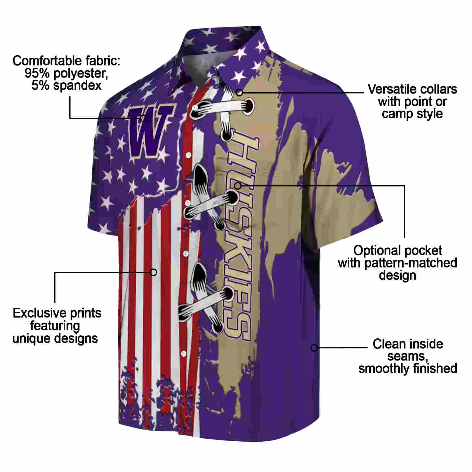 washington huskies stitched flag purple hawaiian shirt new arrival