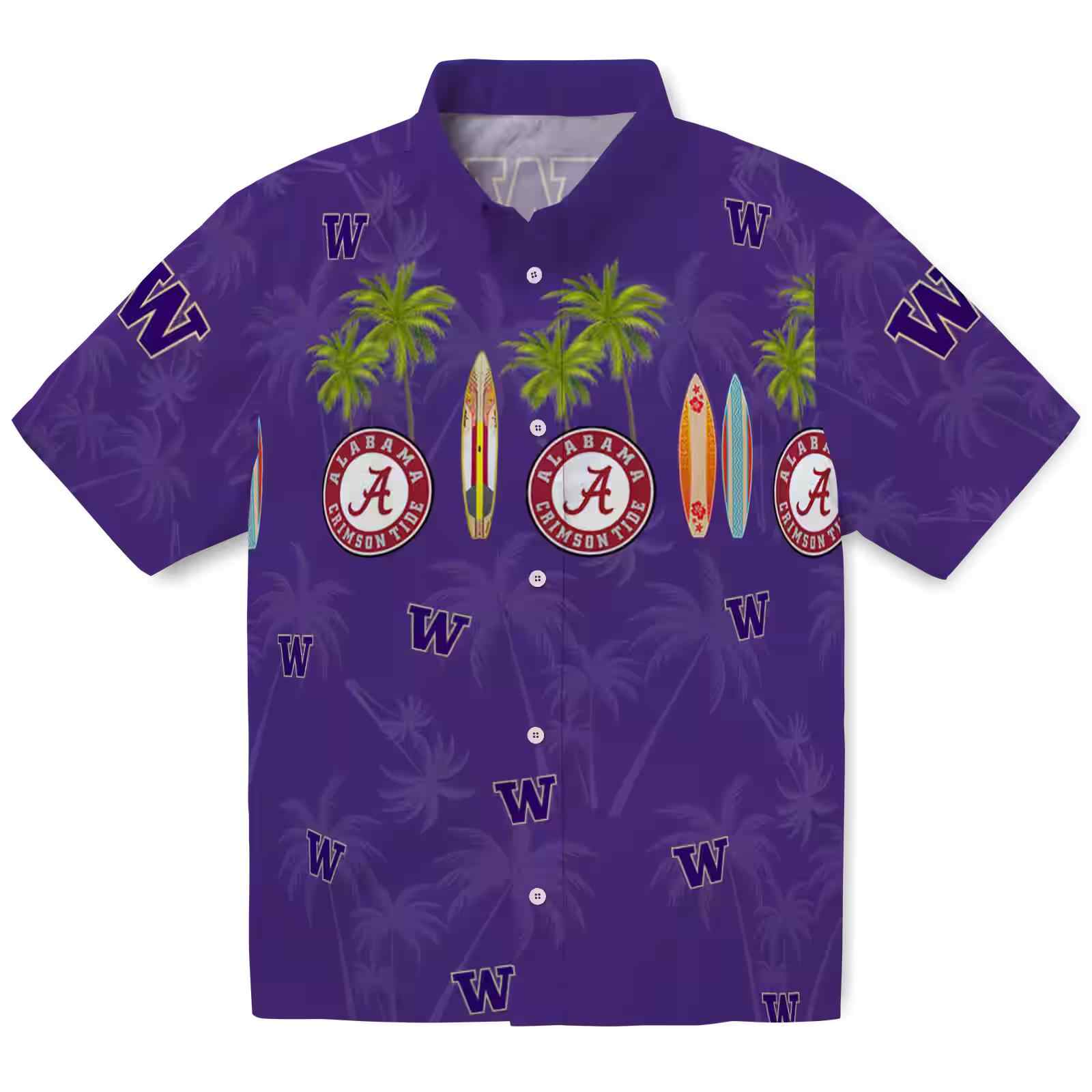 Washington Huskies Surfboard Palm Purple Hawaiian Shirt