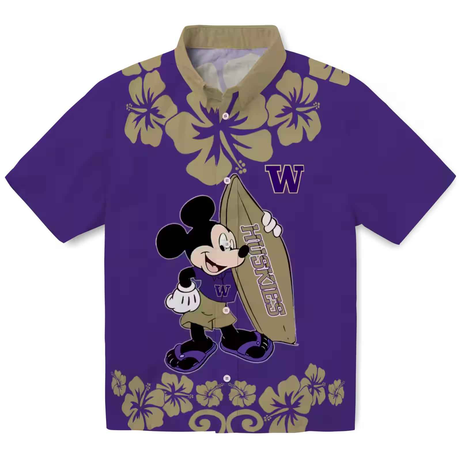 Washington Huskies Surfing Mickey Purple Hawaiian Shirt