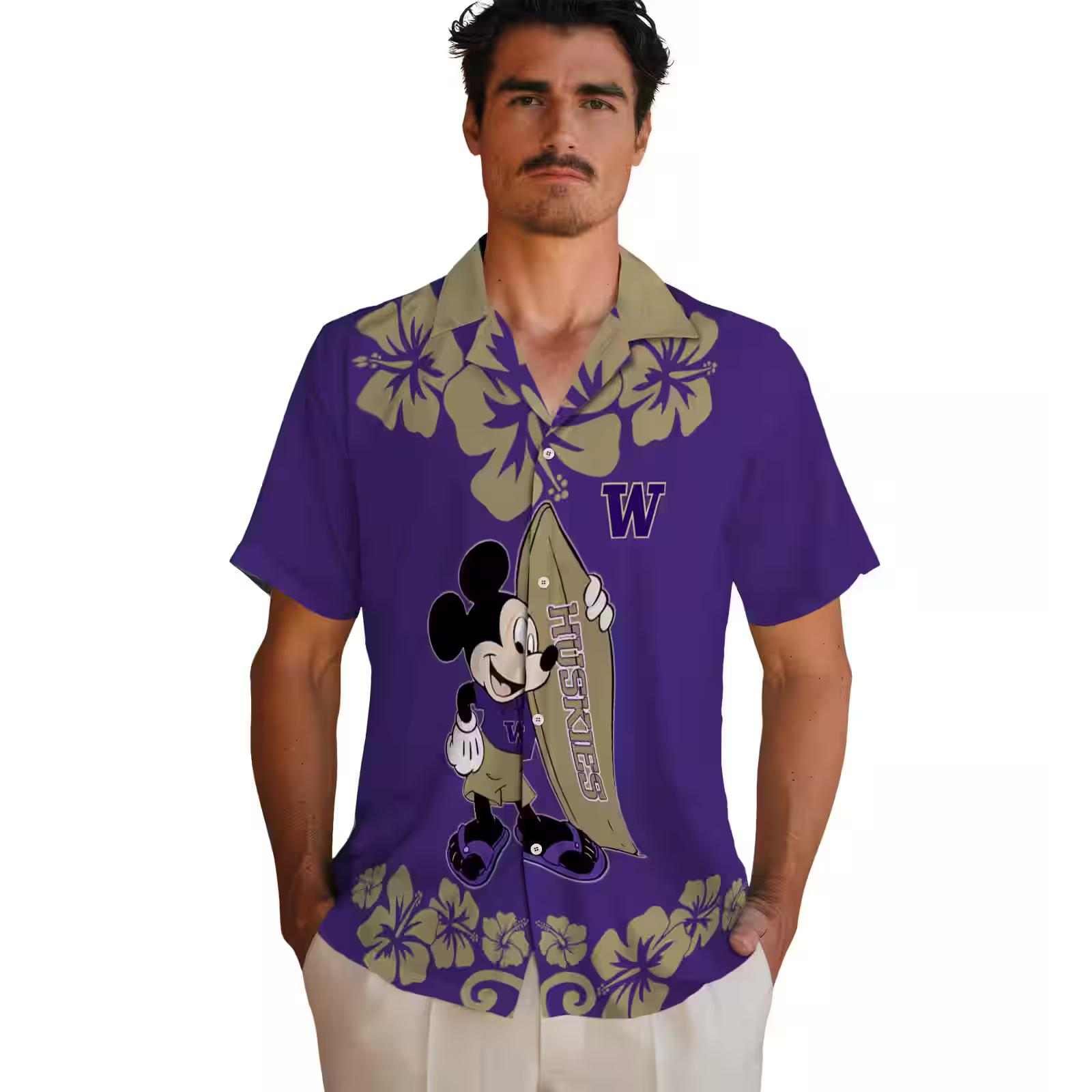 washington huskies surfing mickey purple hawaiian shirt fashion forward