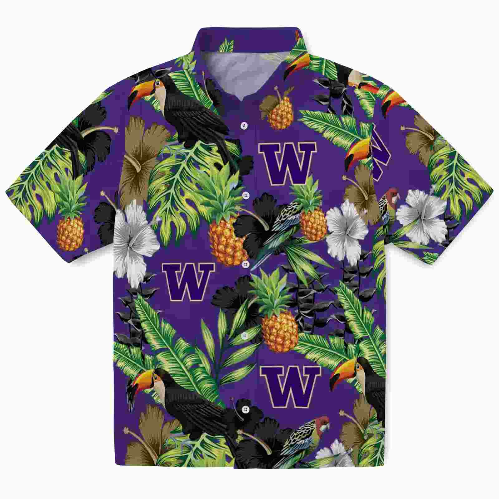 Washington Huskies Toucan Hibiscus Pineapple Purple Green Hawaiian Shirt