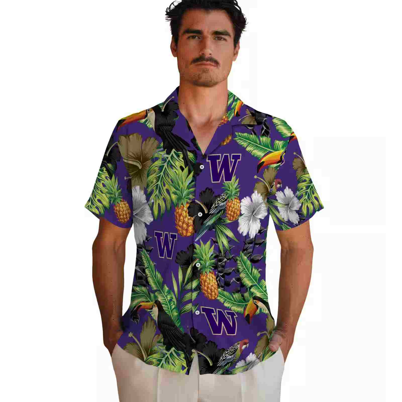 washington huskies toucan hibiscus pineapple purple green hawaiian shirt fashion forward