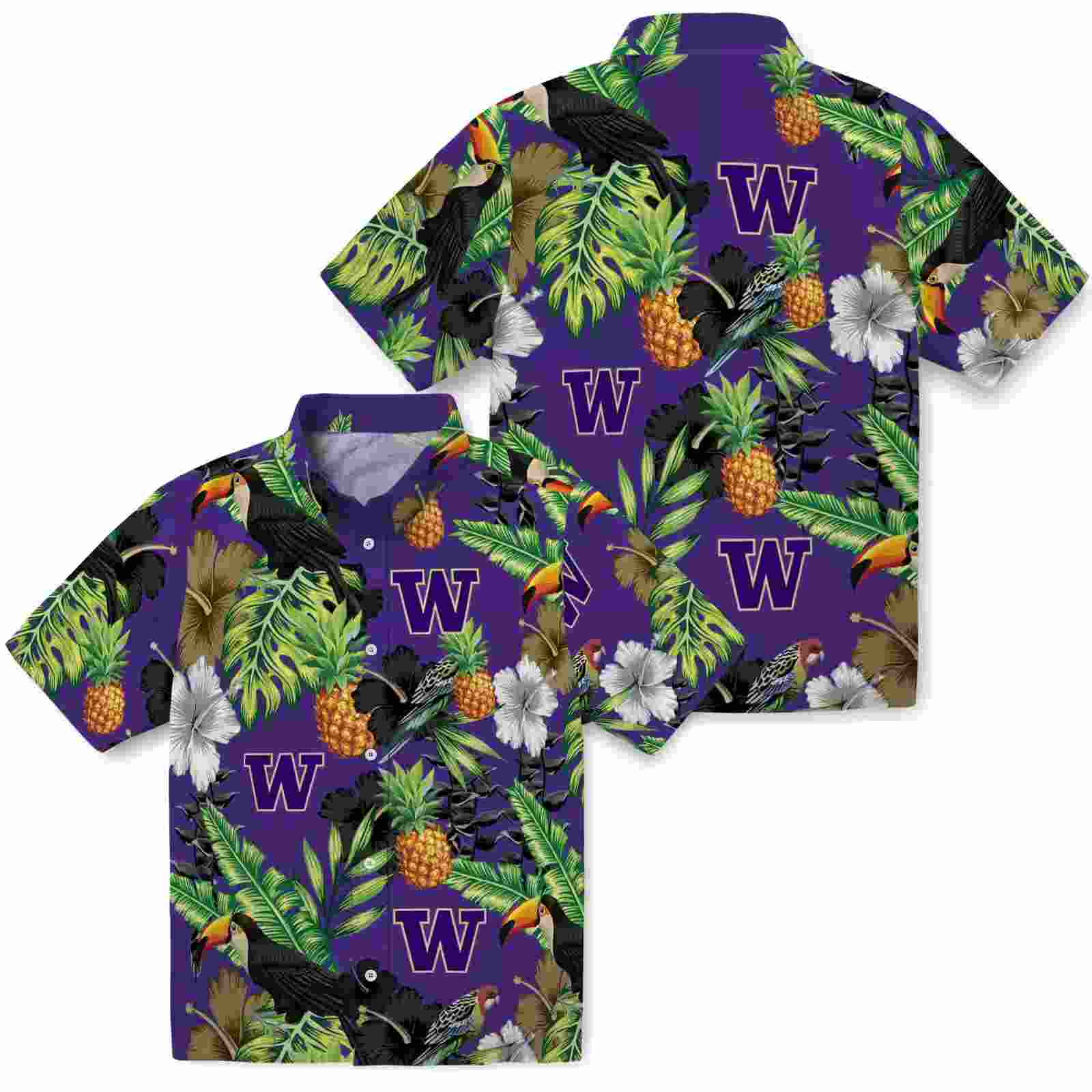 washington huskies toucan hibiscus pineapple purple green hawaiian shirt high quality