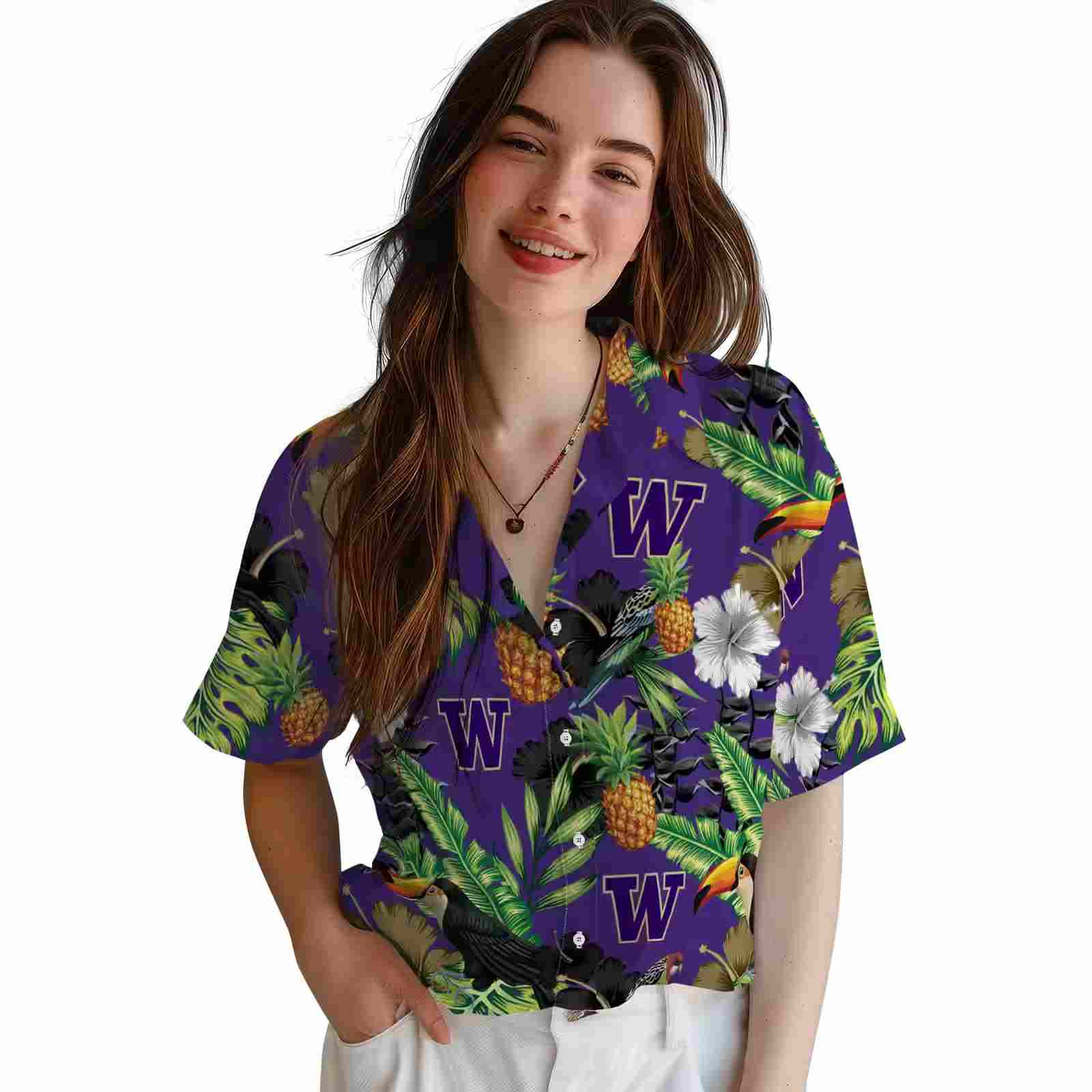 washington huskies toucan hibiscus pineapple purple green hawaiian shirt latest model