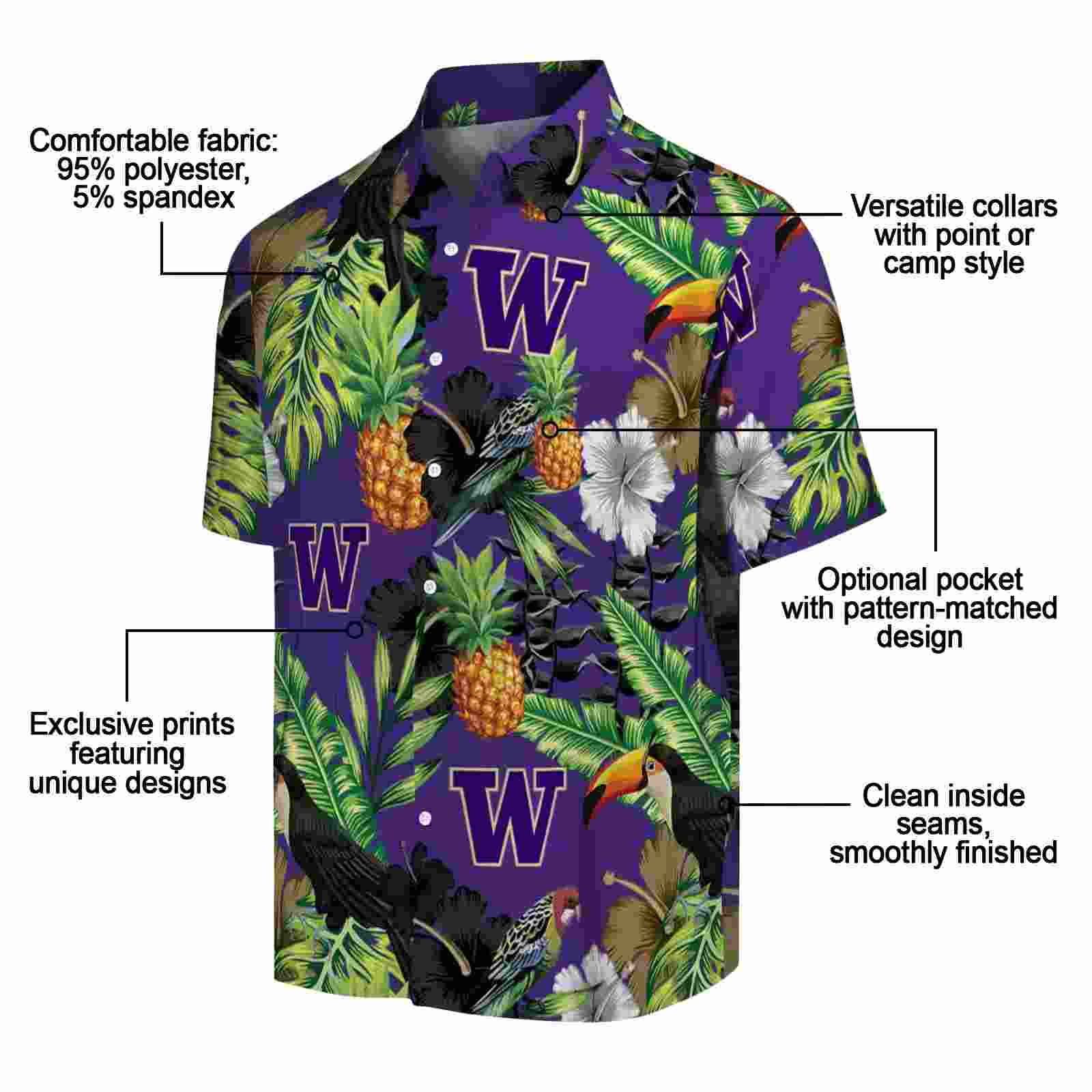 washington huskies toucan hibiscus pineapple purple green hawaiian shirt new arrival