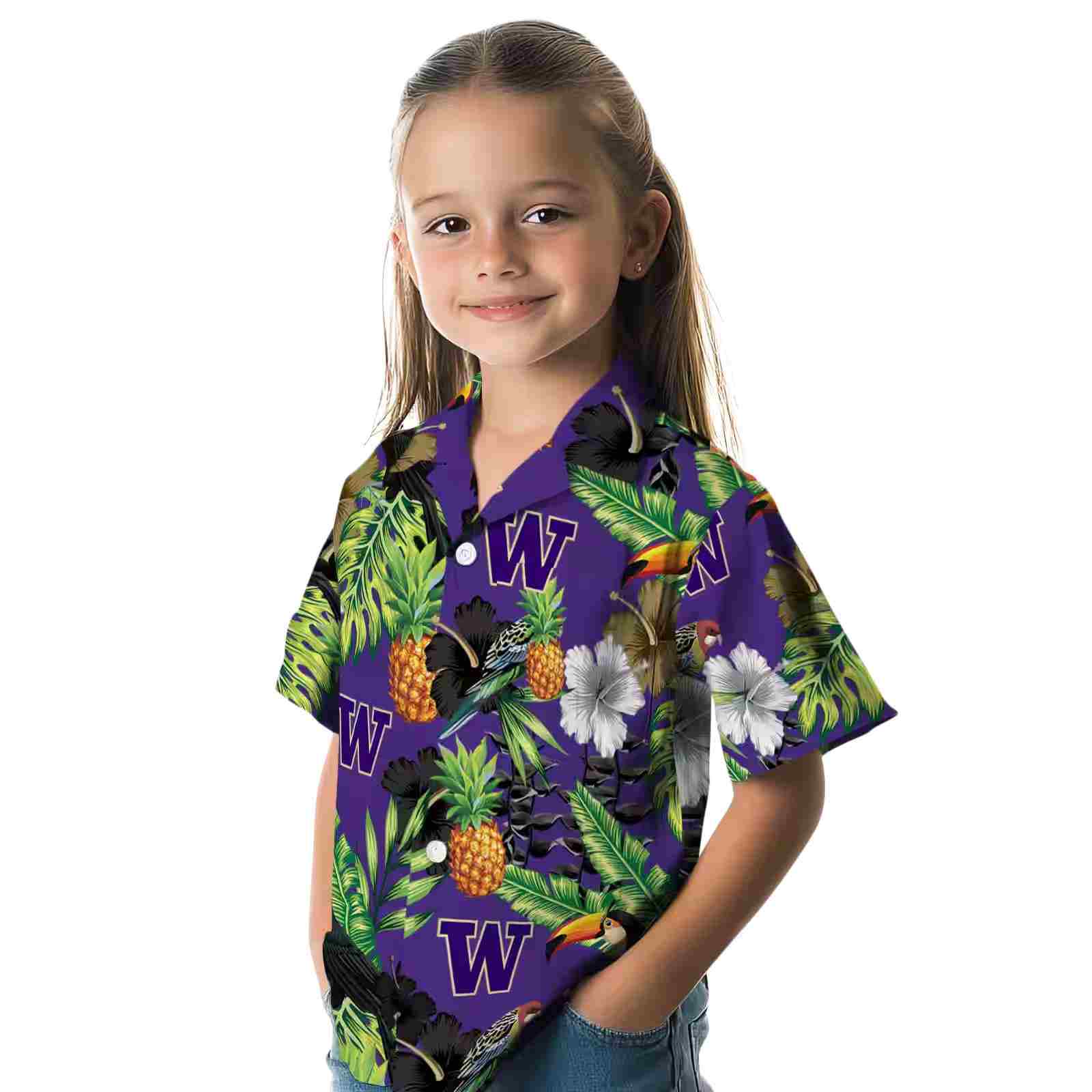 washington huskies toucan hibiscus pineapple purple green hawaiian shirt premium grade