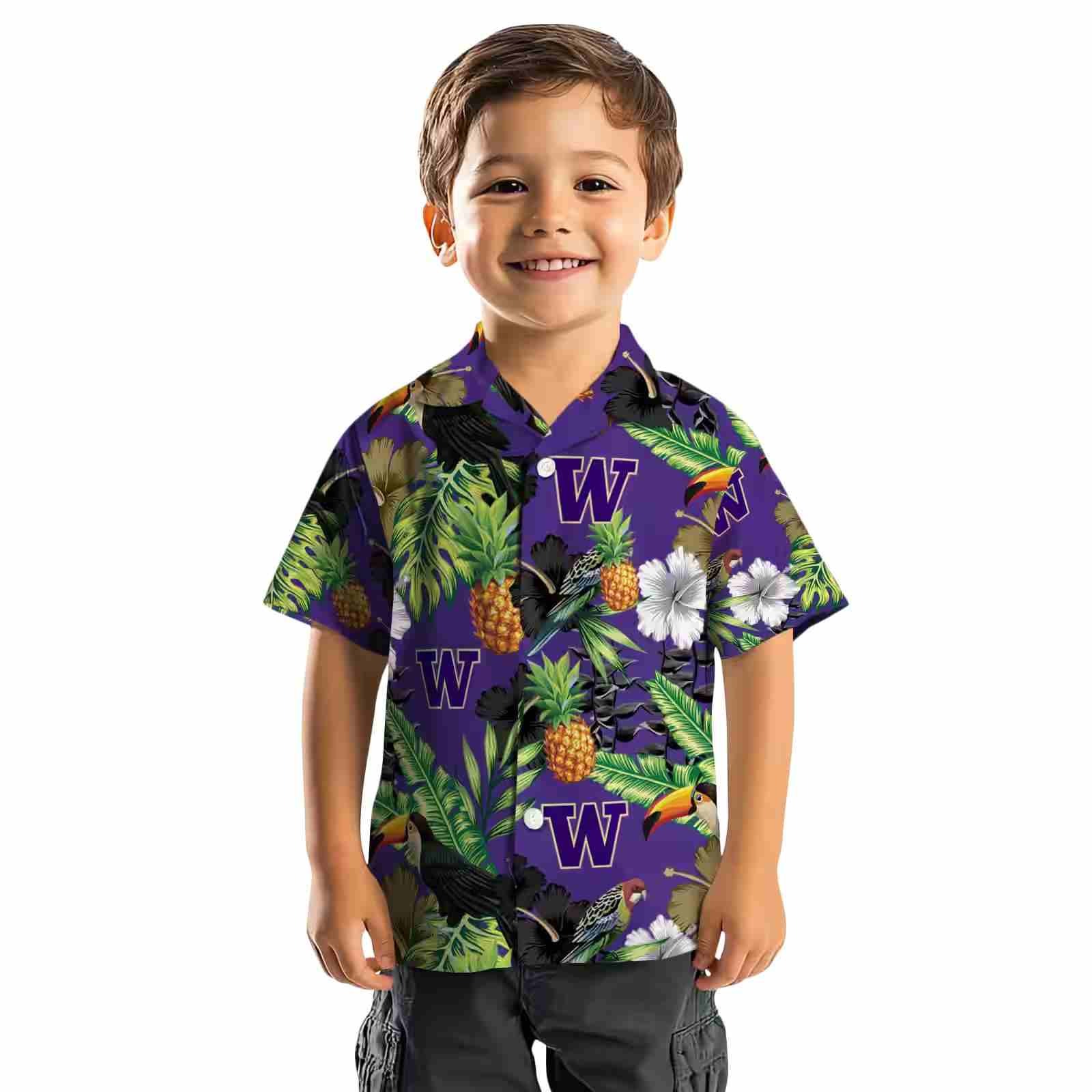 washington huskies toucan hibiscus pineapple purple green hawaiian shirt top rated