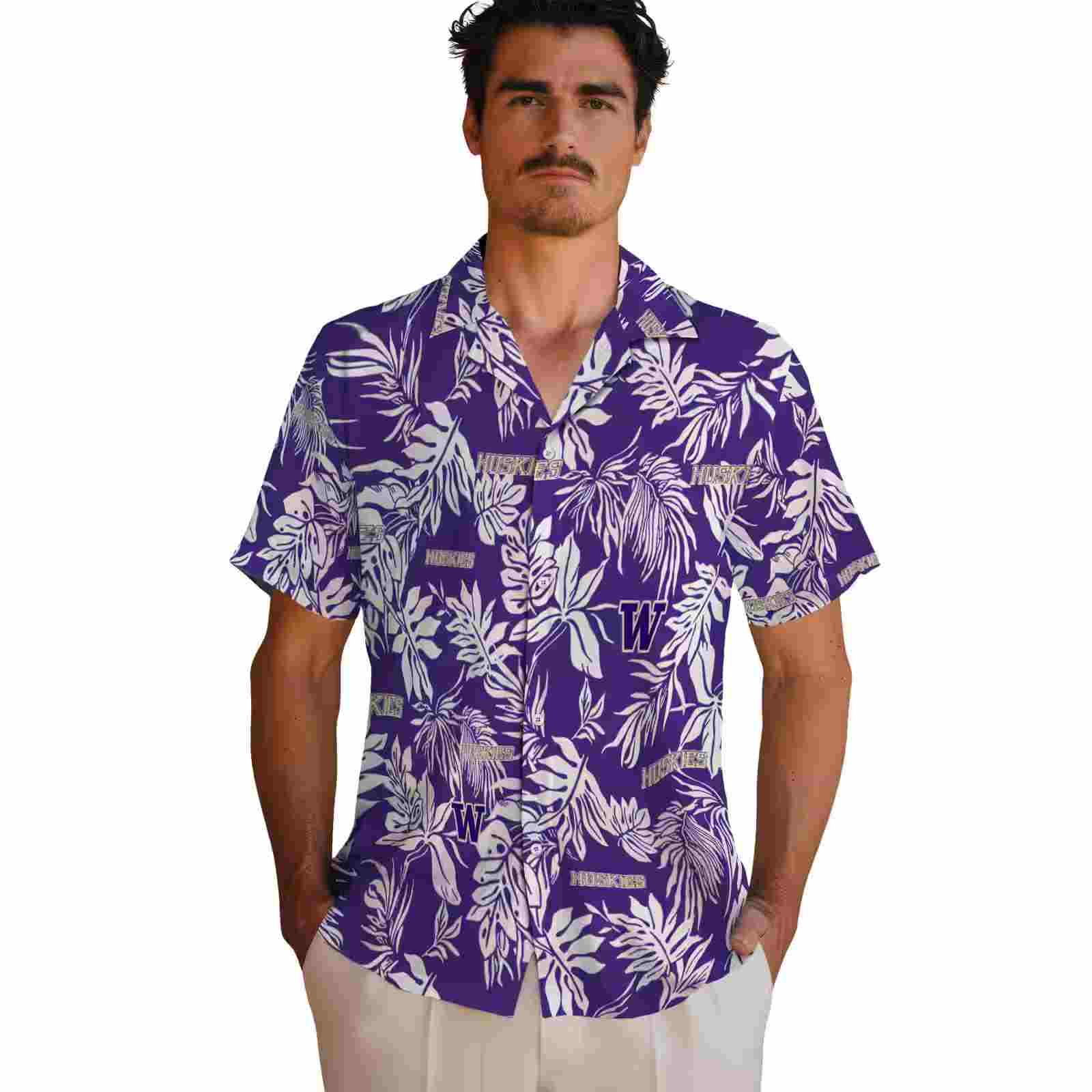 washington huskies tropical leaf purple white hawaiian shirt fashion forward