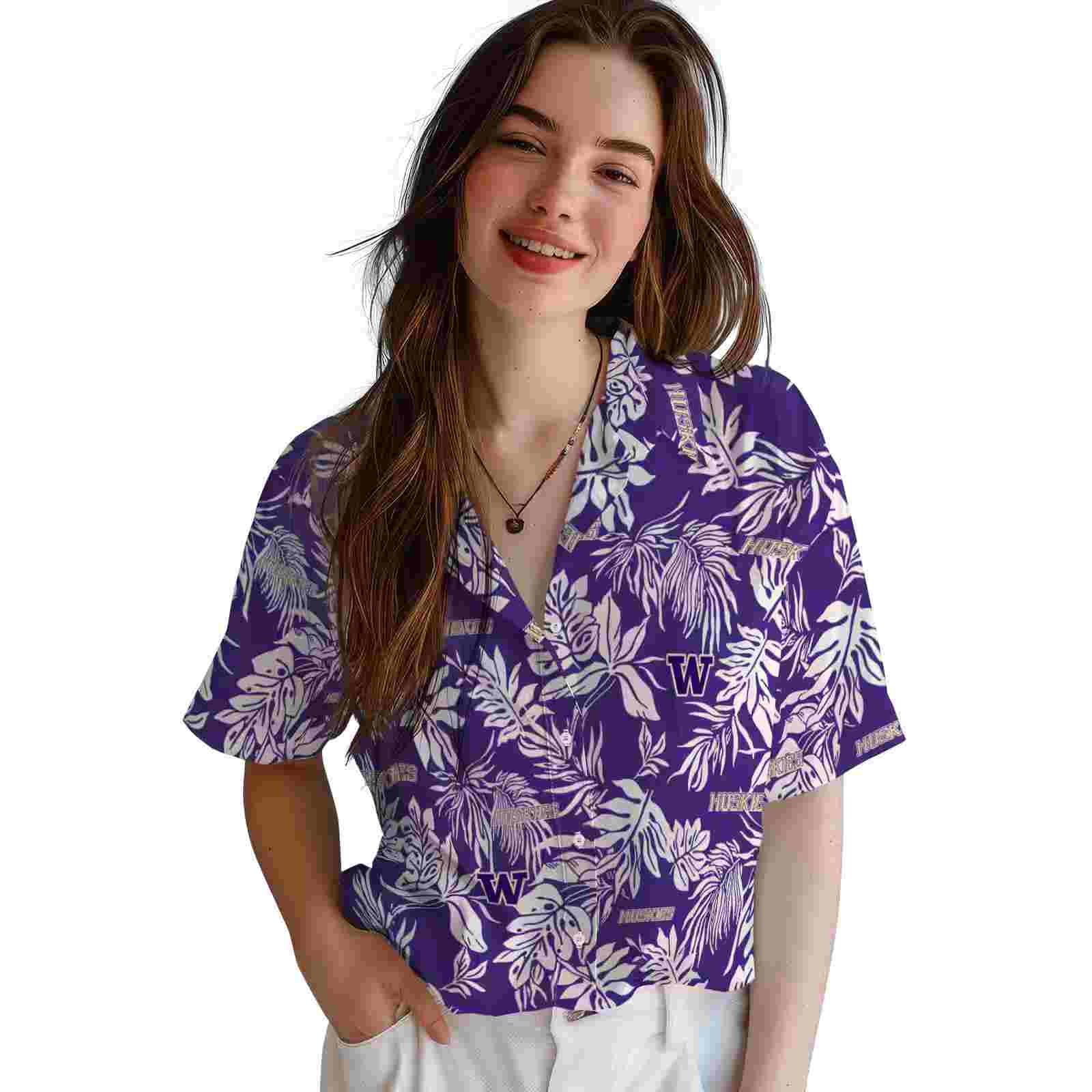 washington huskies tropical leaf purple white hawaiian shirt latest model