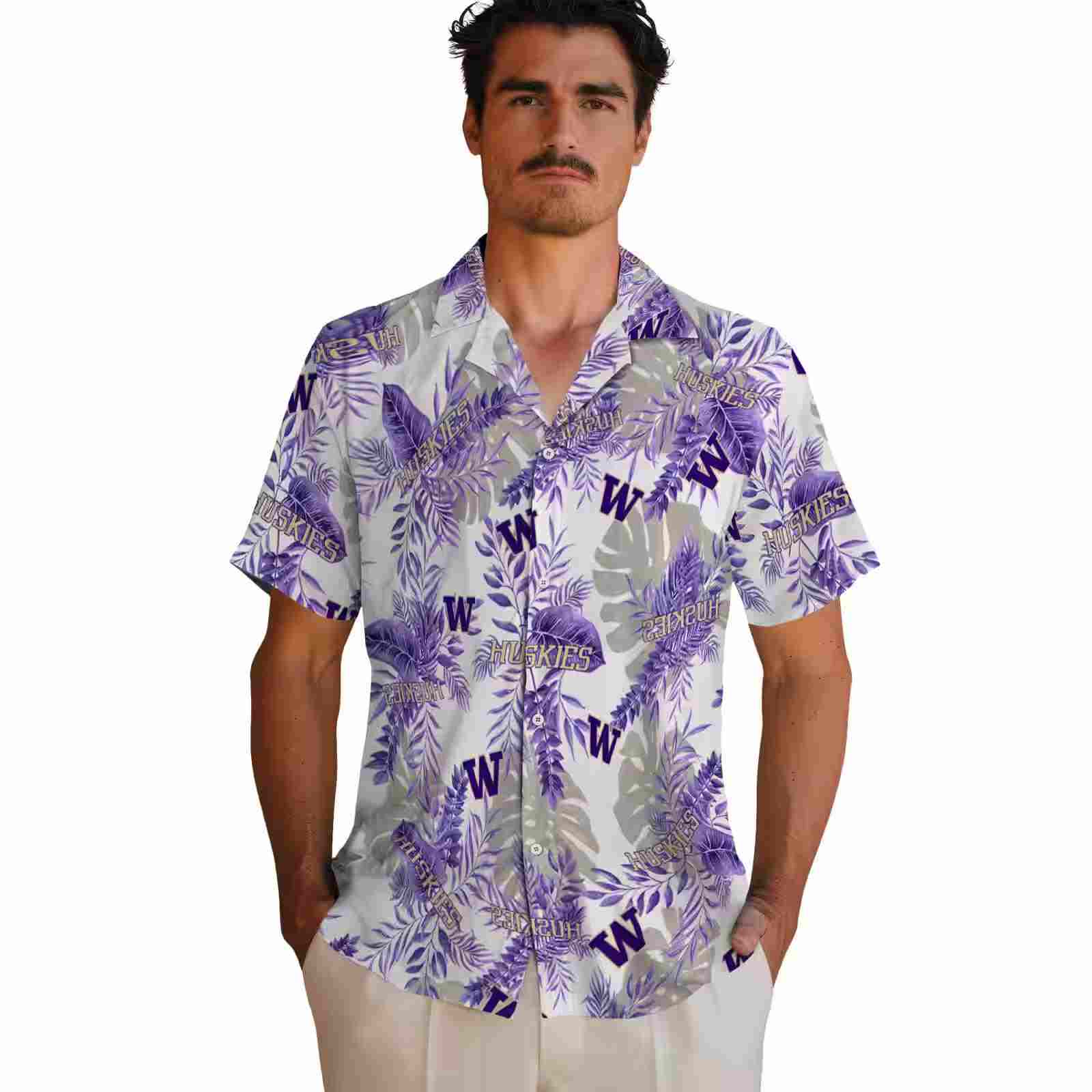 washington huskies tropical leaves purple white hawaiian shirt fashion forward