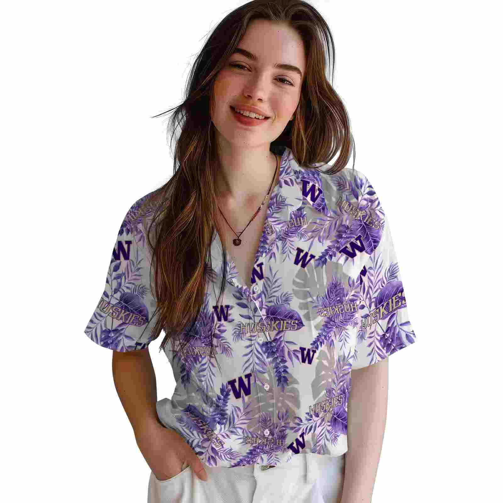 washington huskies tropical leaves purple white hawaiian shirt latest model