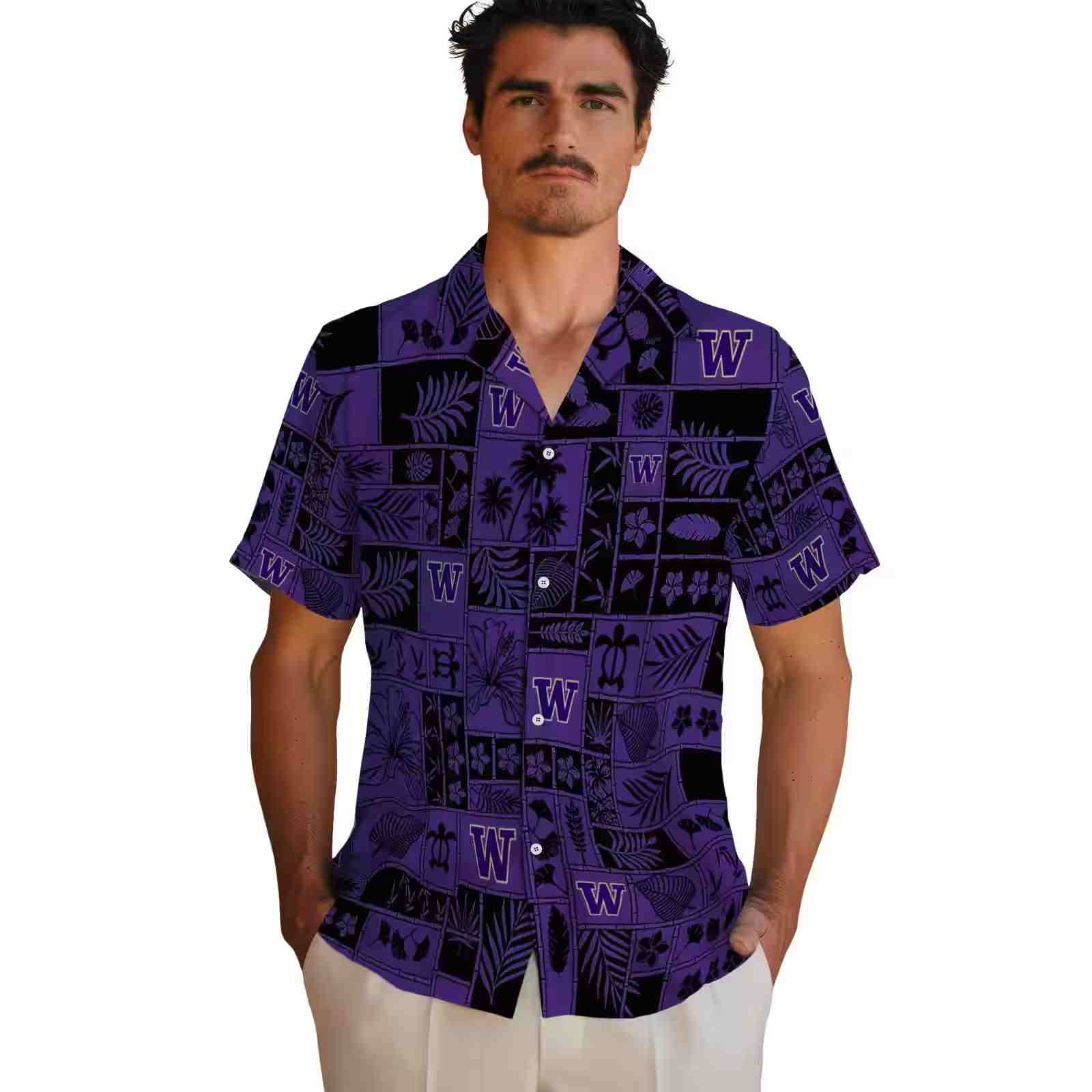 washington huskies tropical patchwork purple black hawaiian shirt fashion forward