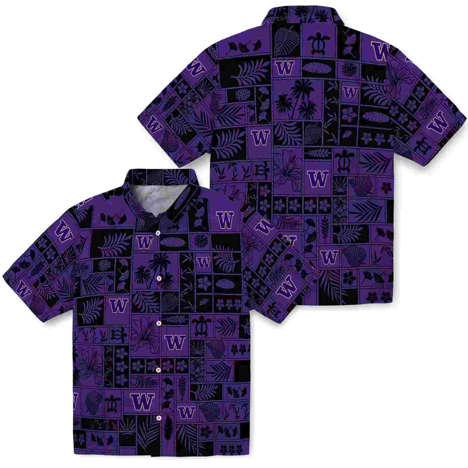 washington huskies tropical patchwork purple black hawaiian shirt high quality