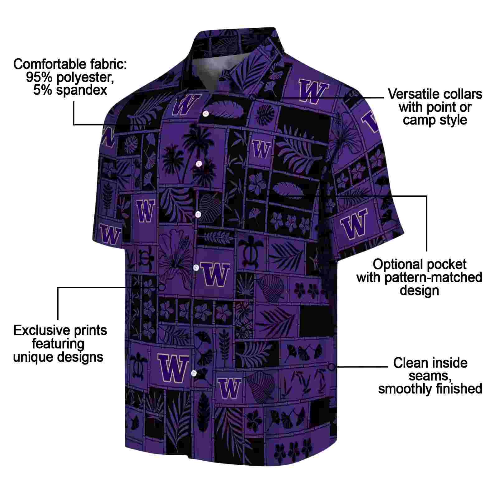 washington huskies tropical patchwork purple black hawaiian shirt new arrival