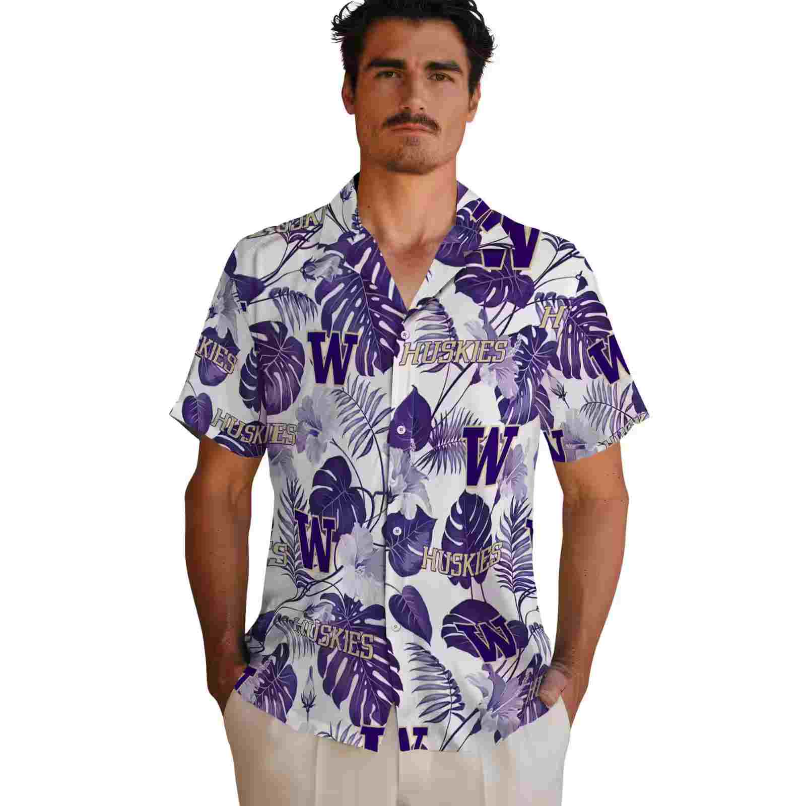 washington huskies tropical plants purple white hawaiian shirt fashion forward