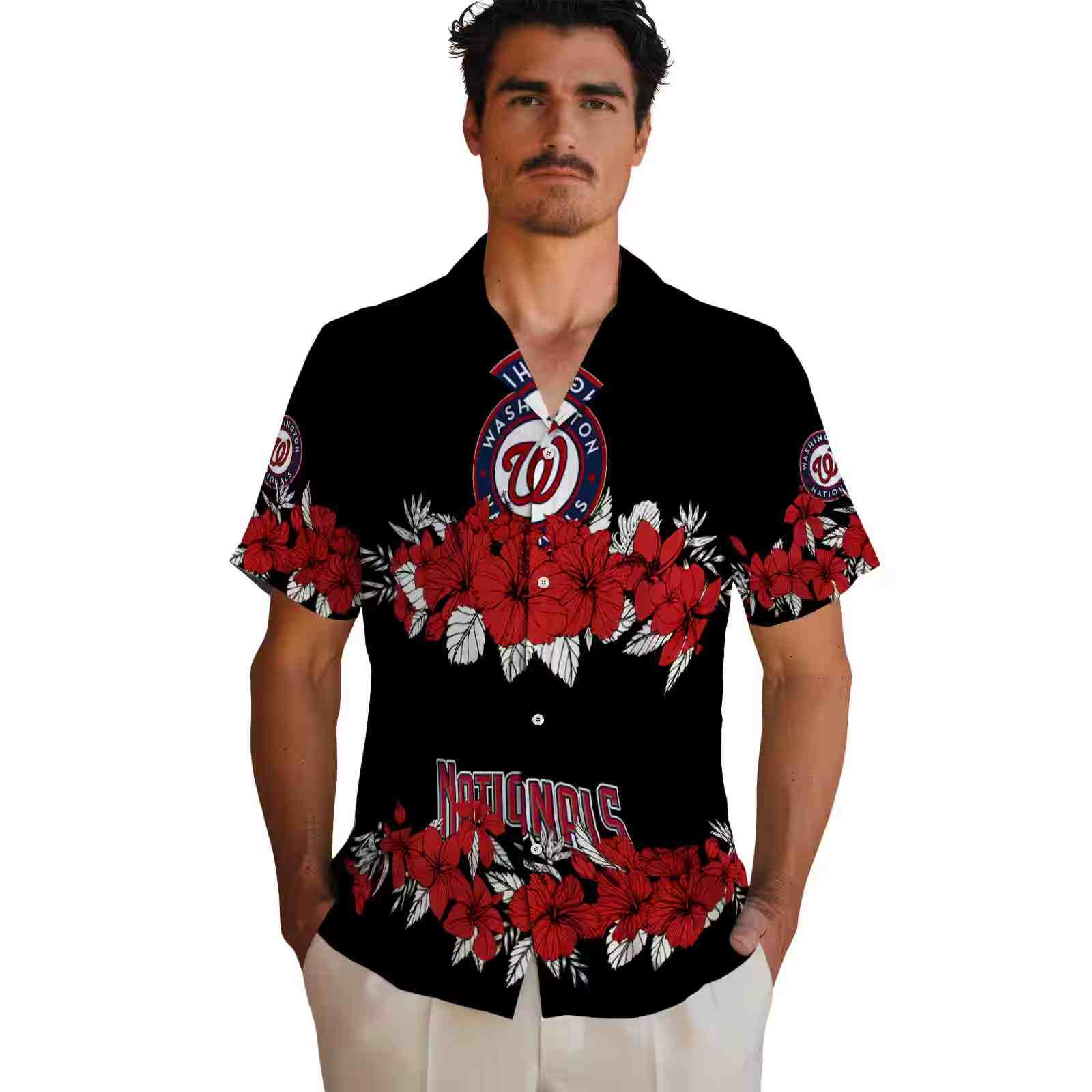 washington nationals hibiscus stripe red black hawaiian shirt fashion forward