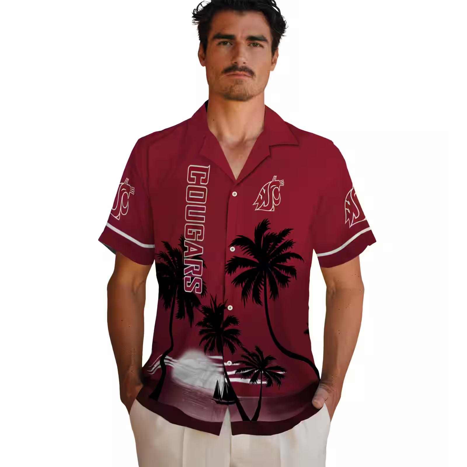 washington state cougars beach sunset crimson black hawaiian shirt fashion forward