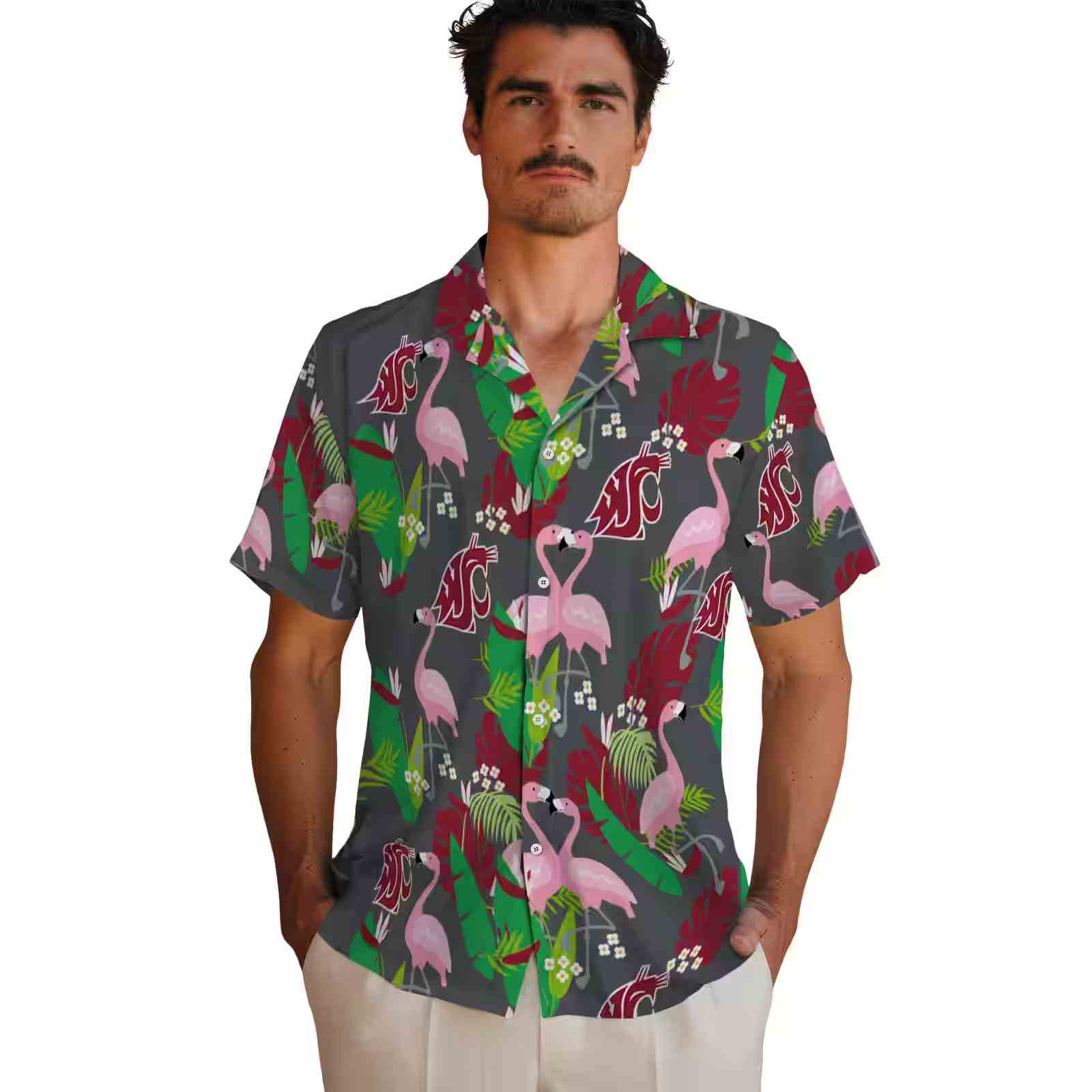 washington state cougars flamingo foliage crimson green hawaiian shirt fashion forward