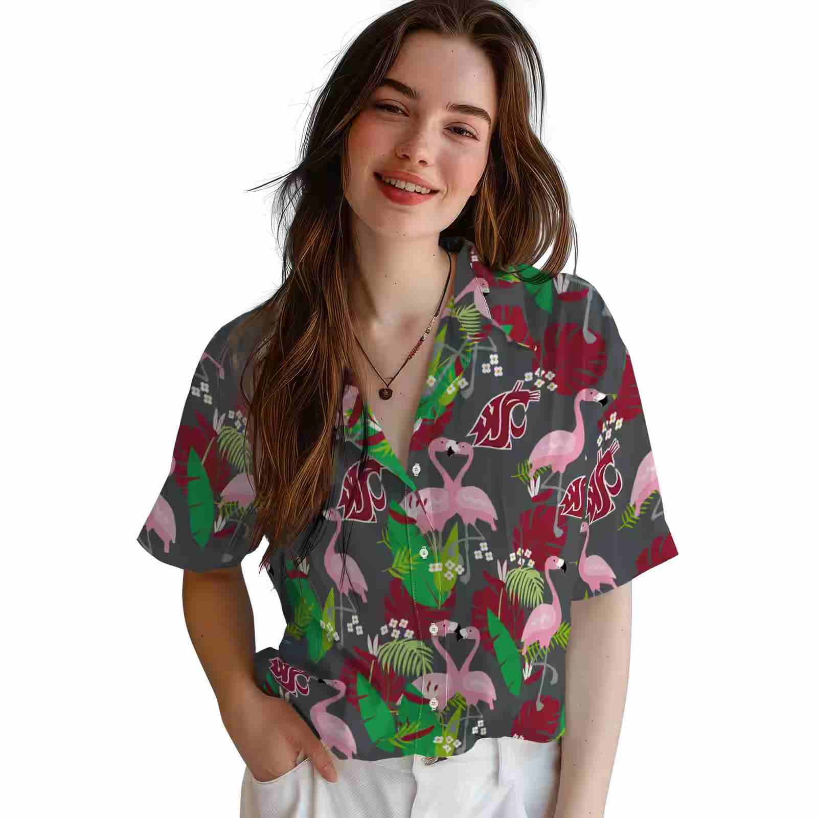 washington state cougars flamingo foliage crimson green hawaiian shirt latest model