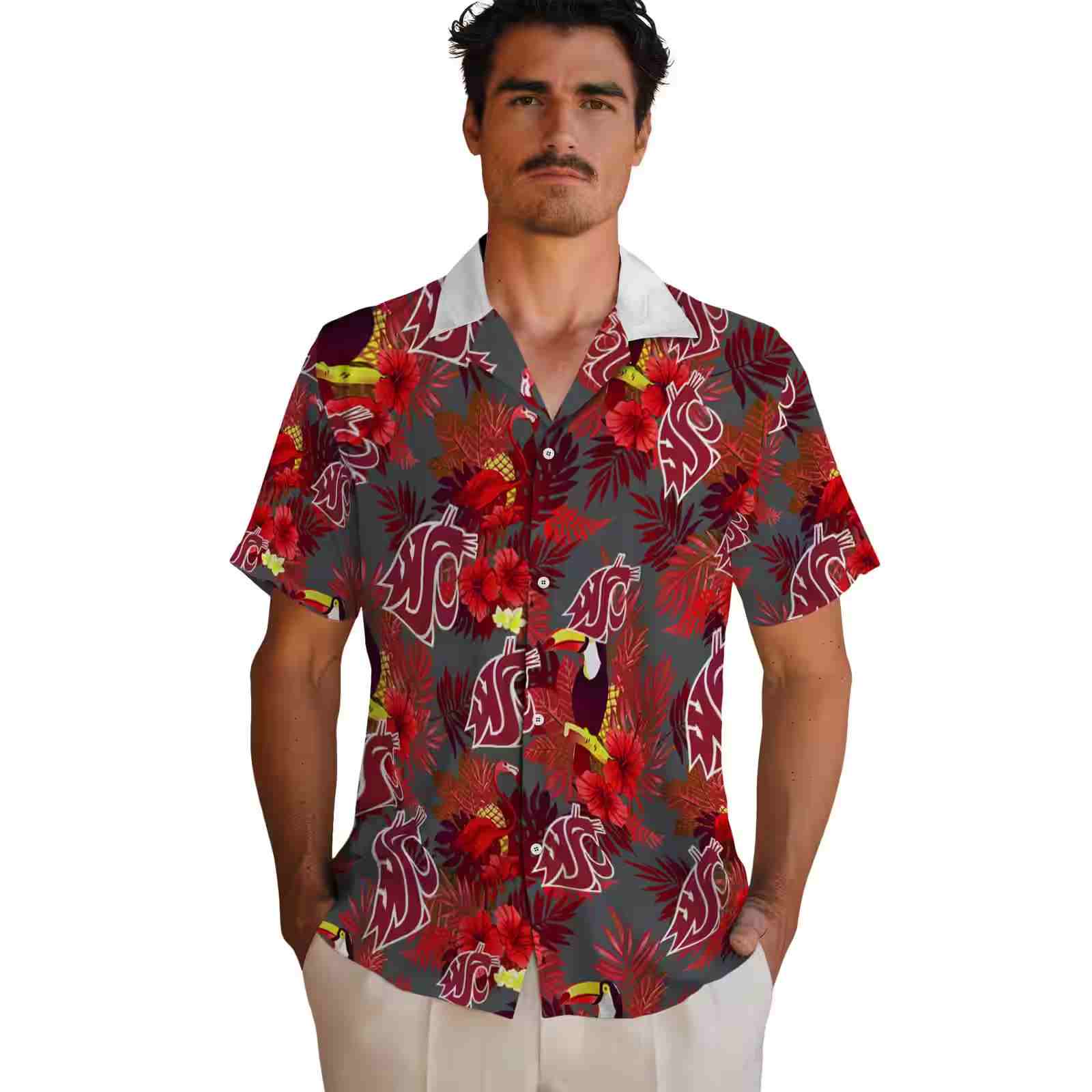 washington state cougars floral toucan crimson red hawaiian shirt fashion forward