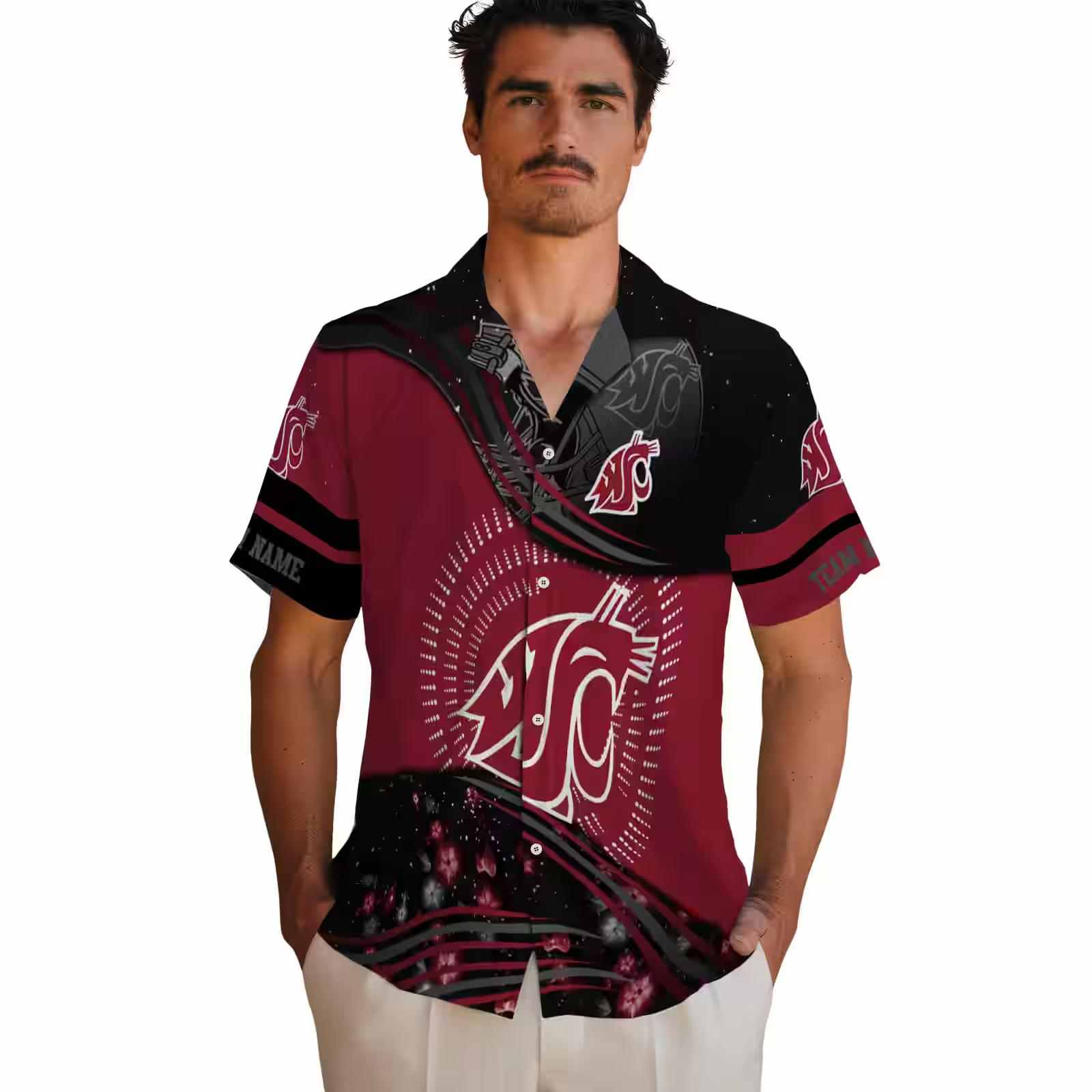 washington state cougars football wave crimson black hawaiian shirt fashion forward