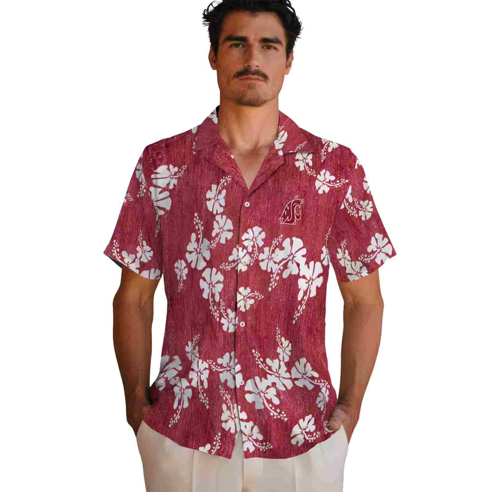 washington state cougars hibiscus clusters crimson hawaiian shirt fashion forward