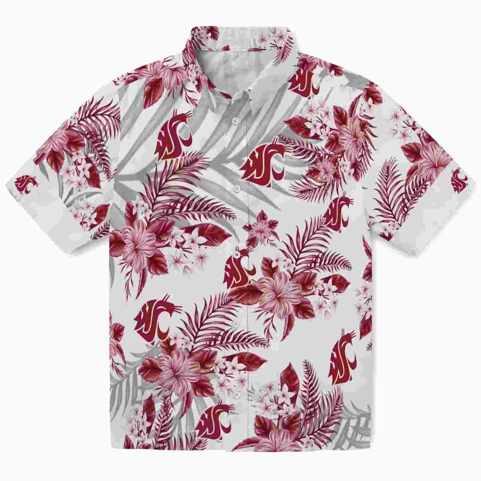 Washington State Cougars Hibiscus Palm Leaves Crimson White Hawaiian Shirt