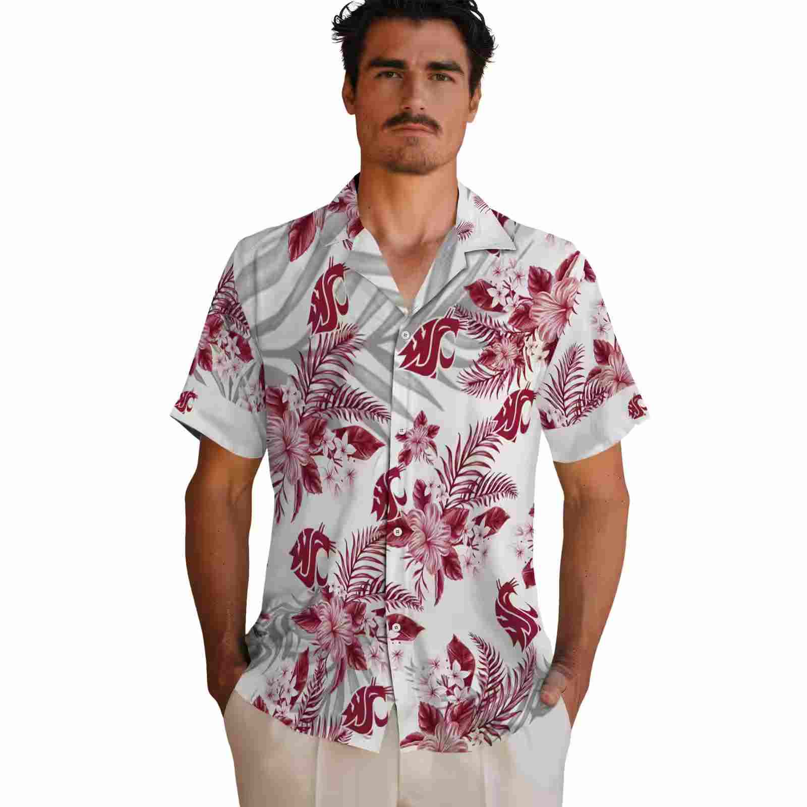 washington state cougars hibiscus palm leaves crimson white hawaiian shirt fashion forward