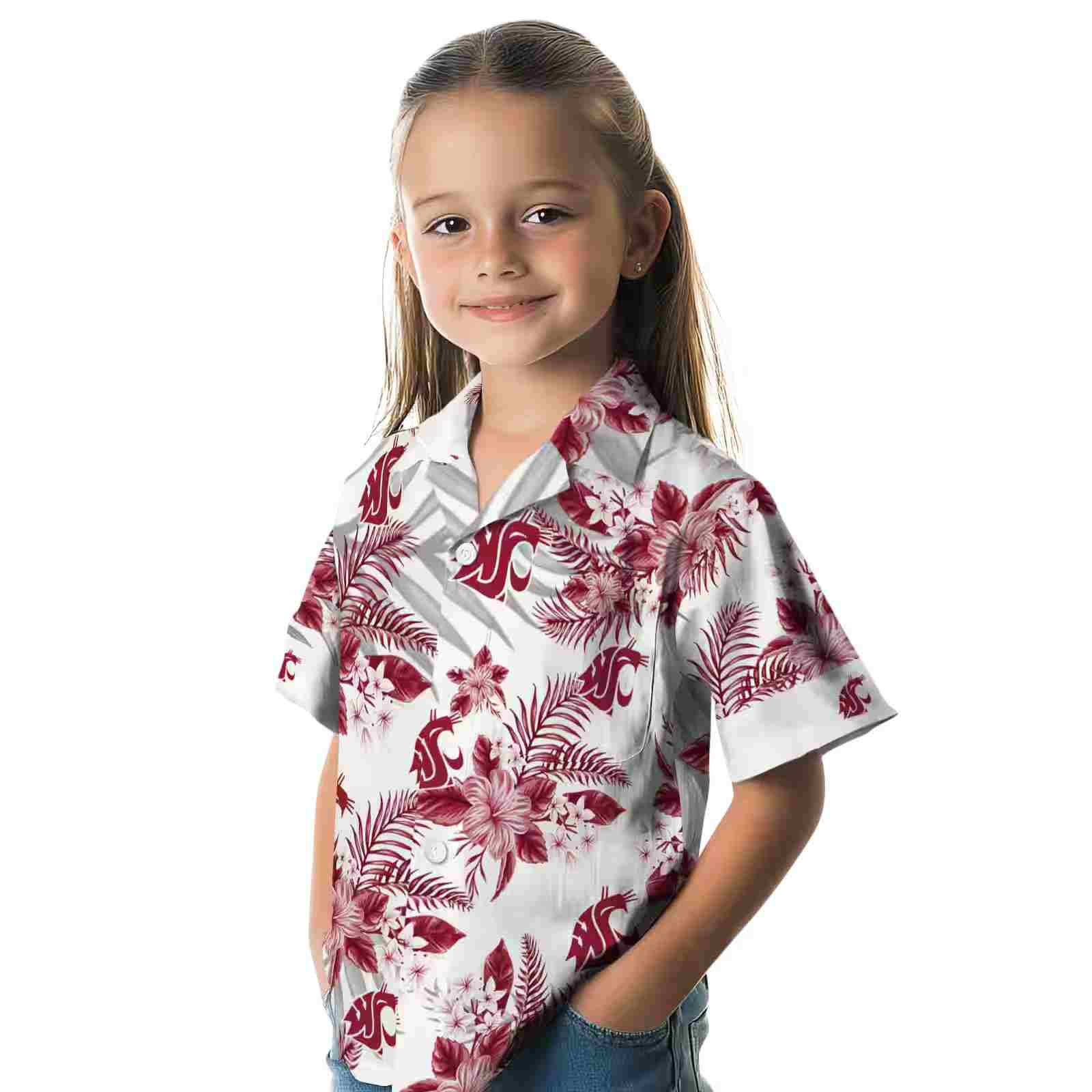 washington state cougars hibiscus palm leaves crimson white hawaiian shirt premium grade