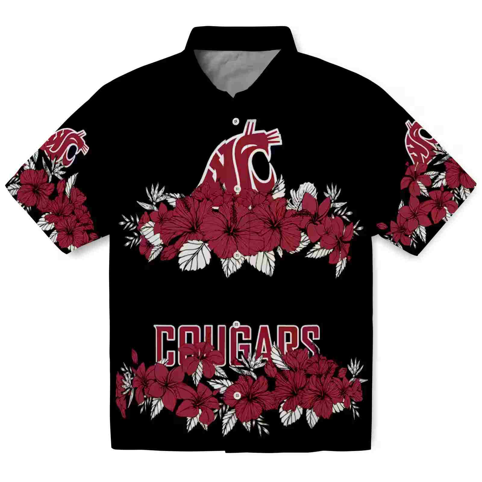 Washington State Cougars Hibiscus Stripe Crimson Black Hawaiian Shirt