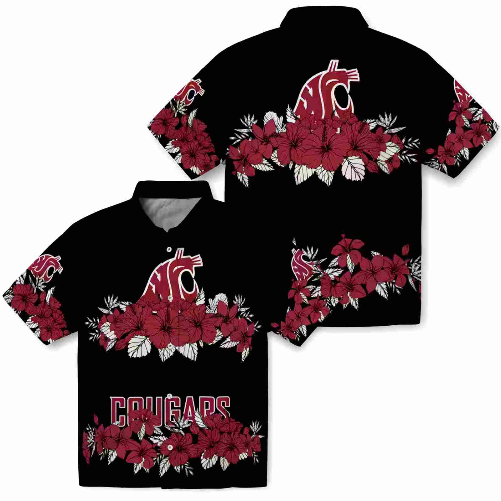 washington state cougars hibiscus stripe crimson black hawaiian shirt high quality