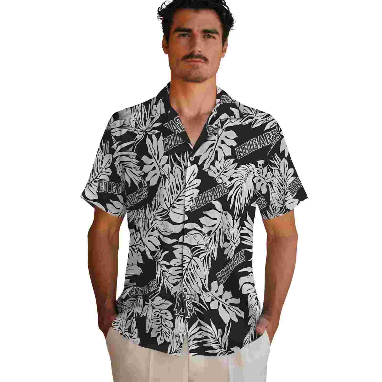 washington state cougars monstera leaf pattern black hawaiian shirt fashion forward