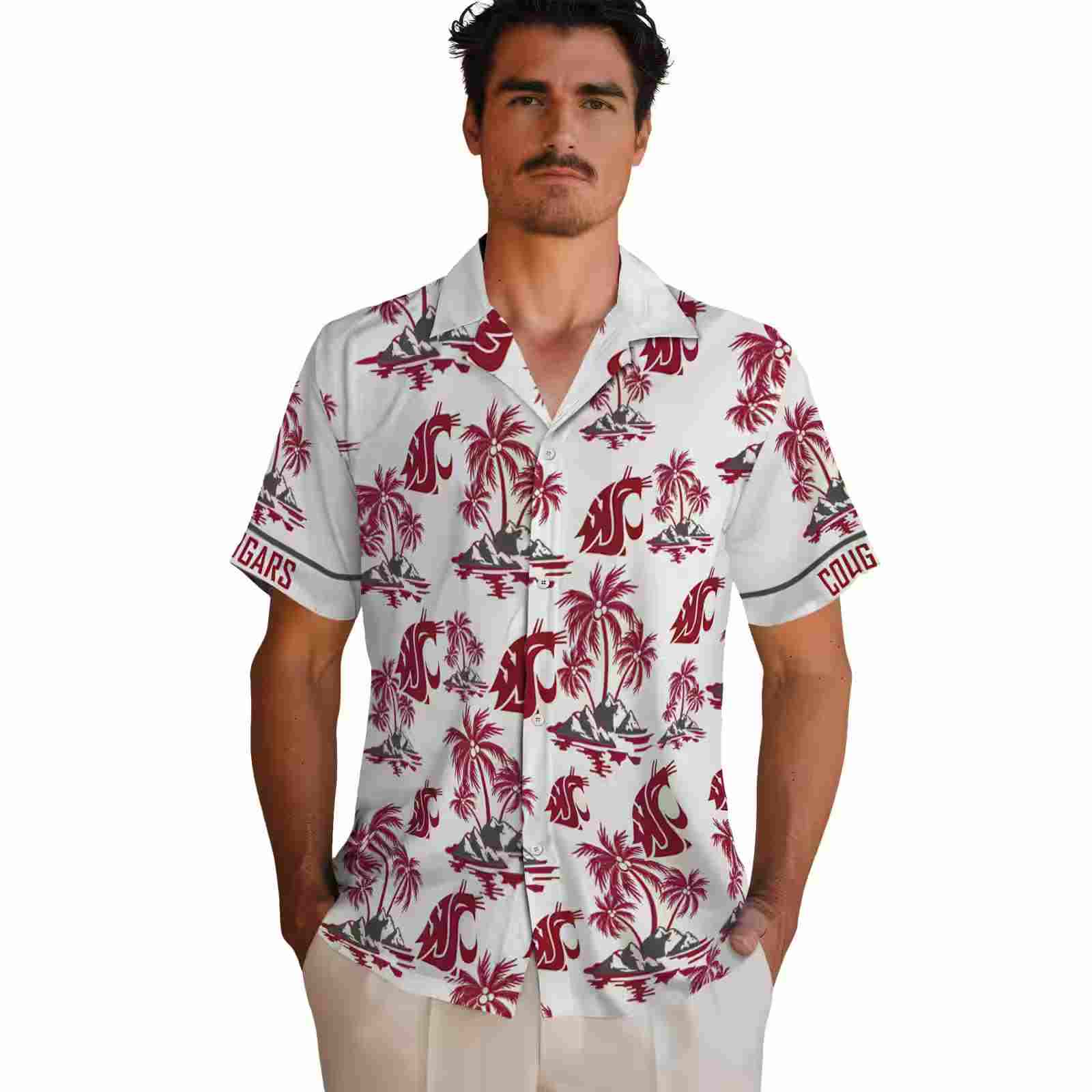 washington state cougars palm island print crimson white hawaiian shirt fashion forward