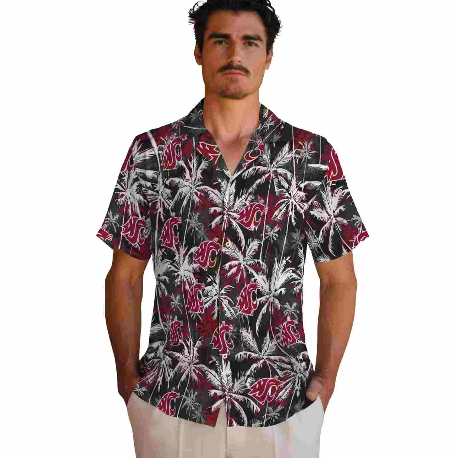 washington state cougars palm pattern crimson black hawaiian shirt fashion forward