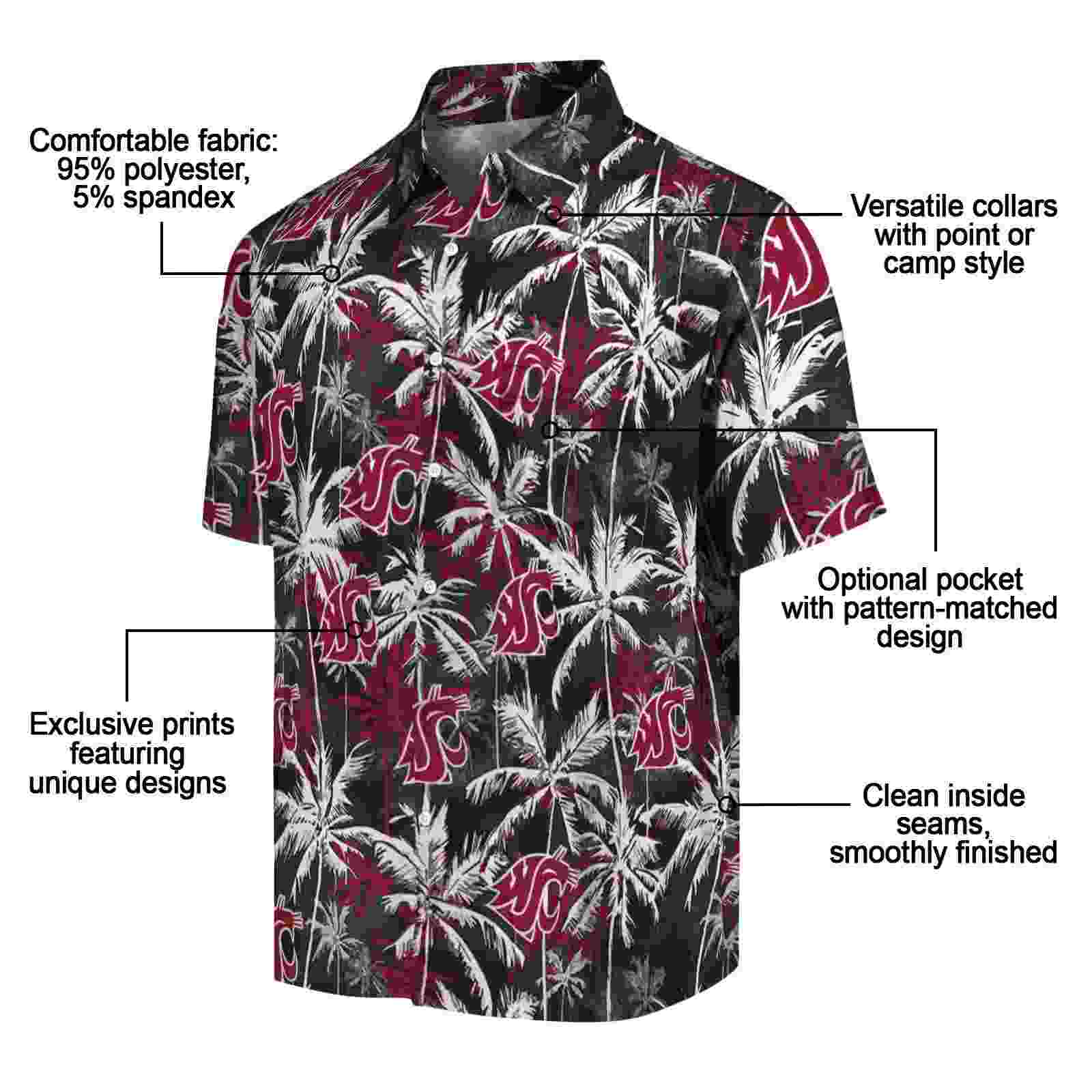 washington state cougars palm pattern crimson black hawaiian shirt new arrival