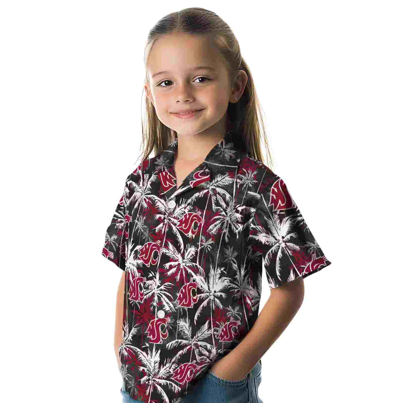 washington state cougars palm pattern crimson black hawaiian shirt premium grade