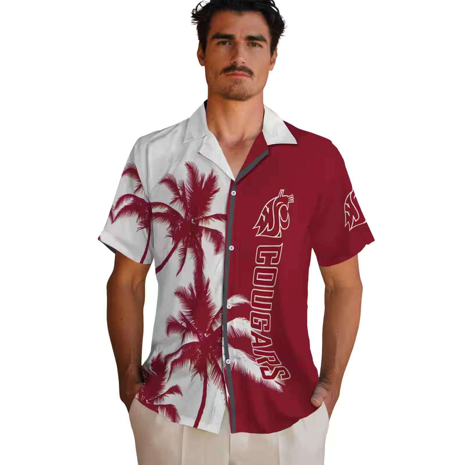 washington state cougars palm trees crimson white hawaiian shirt fashion forward