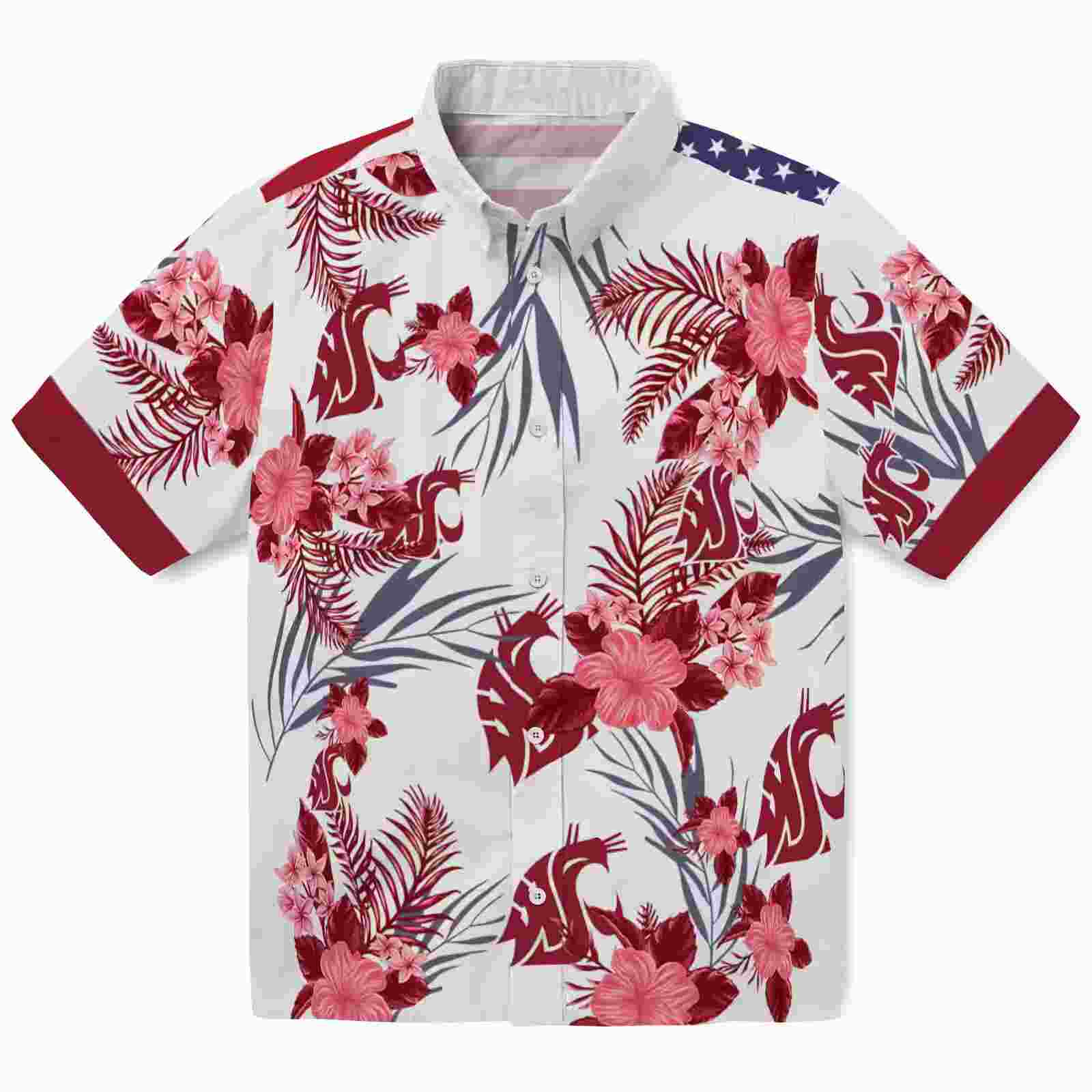 Washington State Cougars Patriotic Hibiscus Design Crimson White Hawaiian Shirt