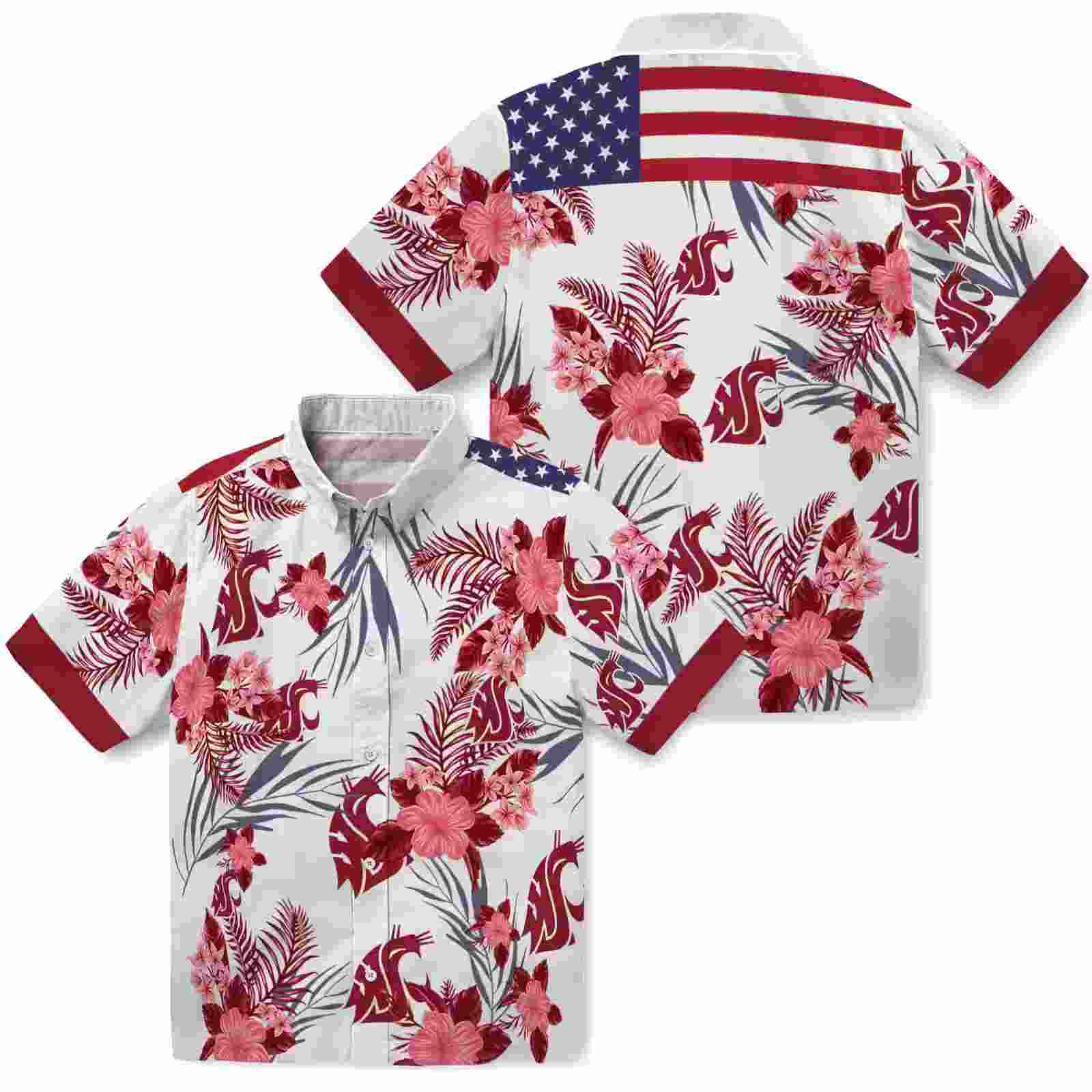 washington state cougars patriotic hibiscus design crimson white hawaiian shirt high quality