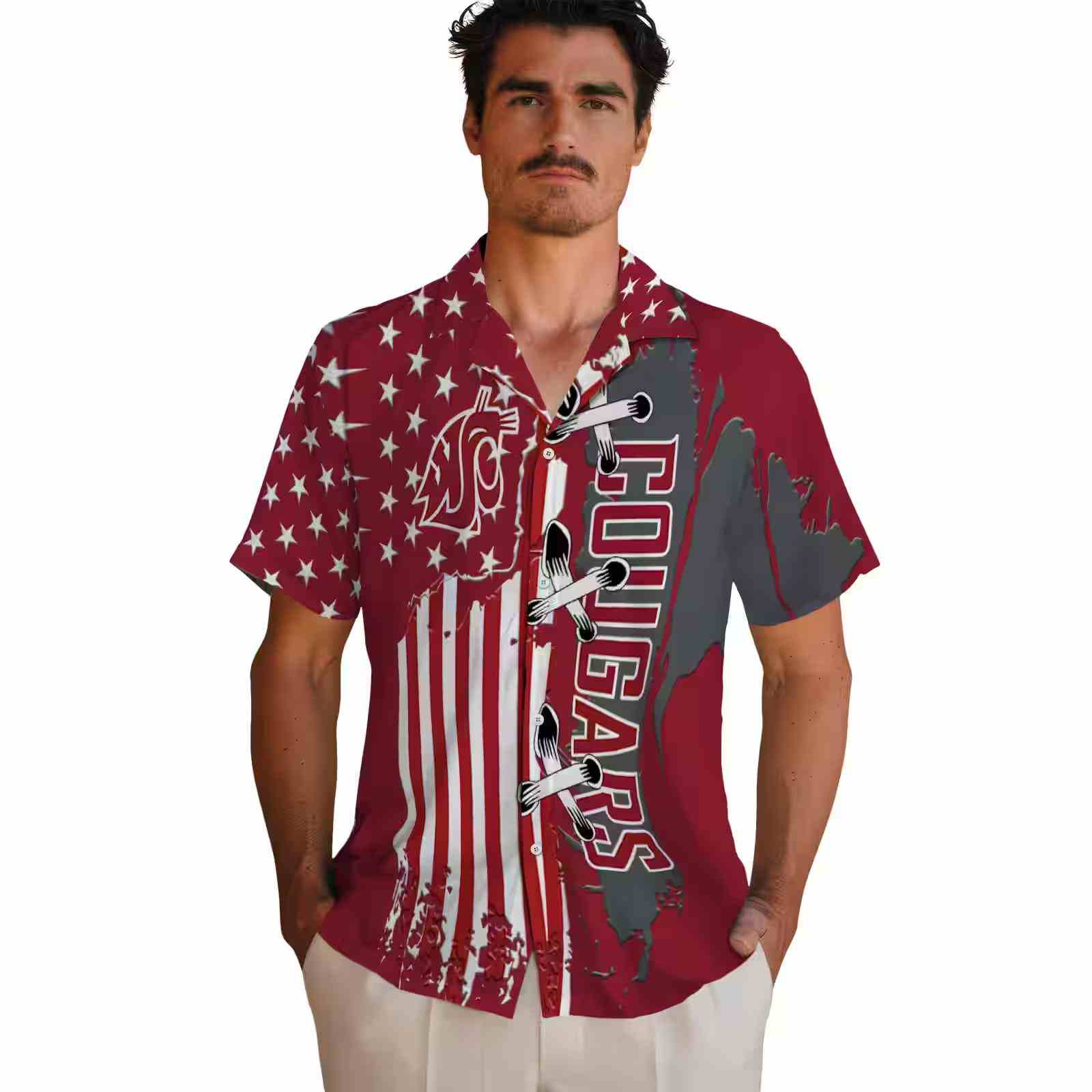 washington state cougars stitched flag crimson hawaiian shirt fashion forward