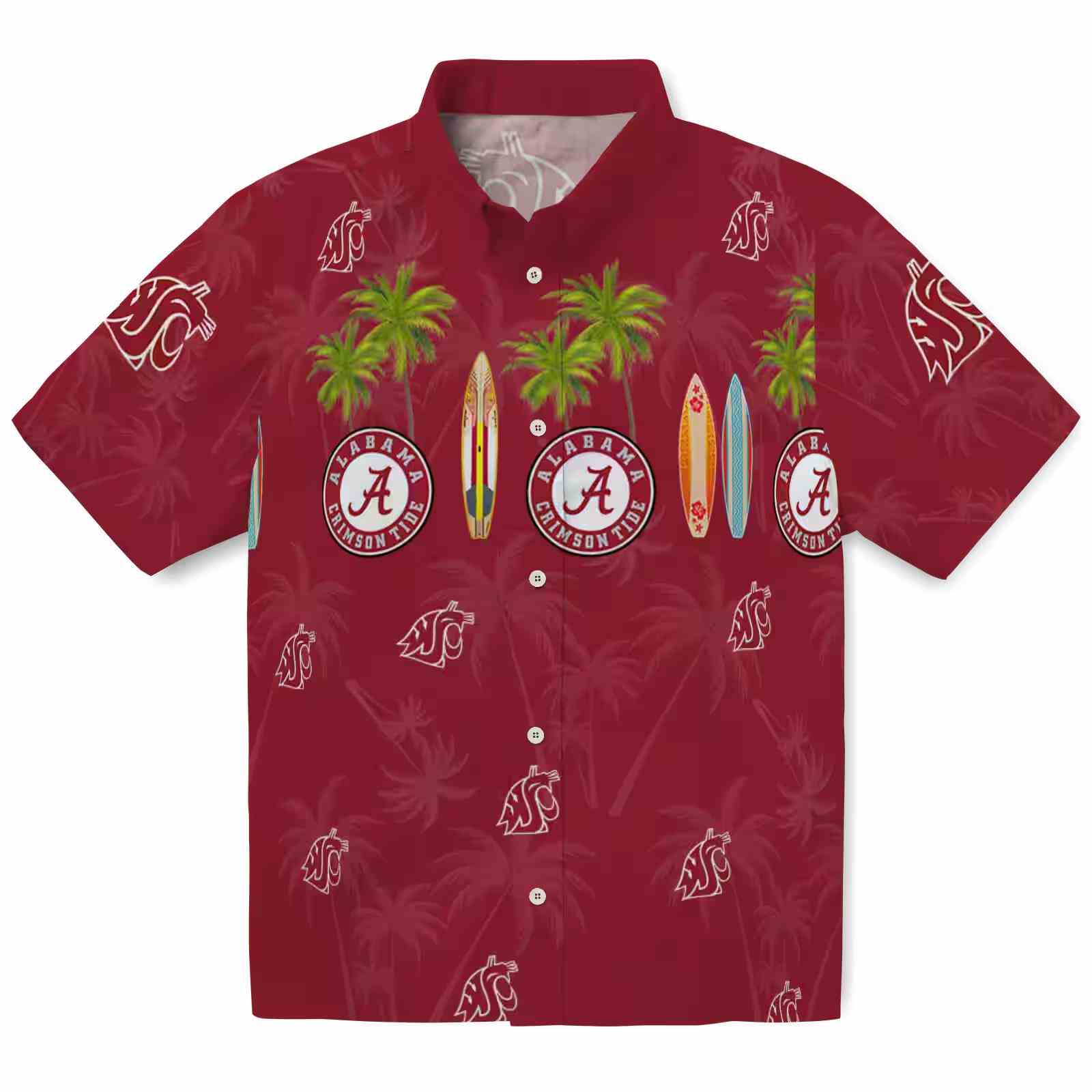 Washington State Cougars Surfboard Palm Crimson Hawaiian Shirt