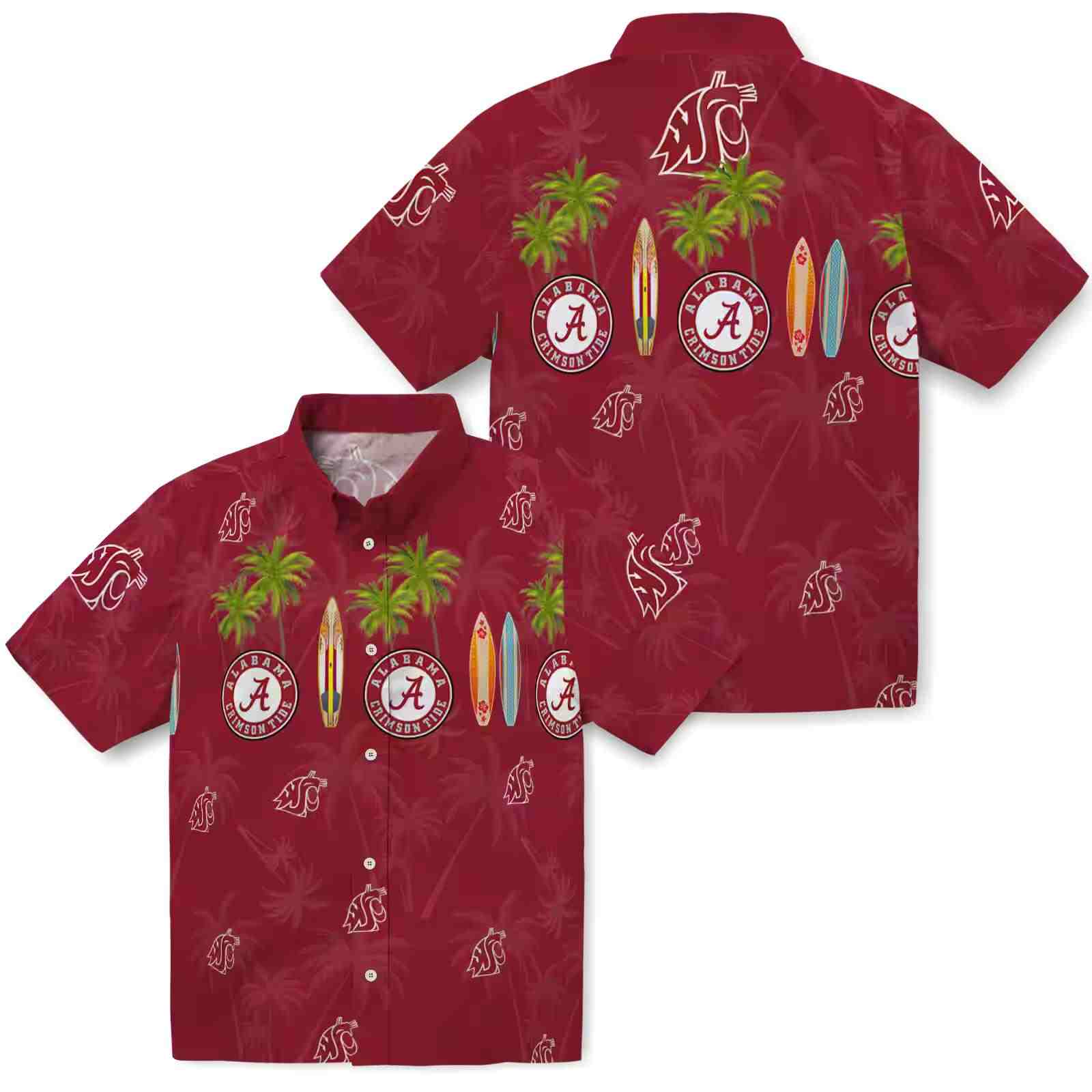 washington state cougars surfboard palm crimson hawaiian shirt high quality